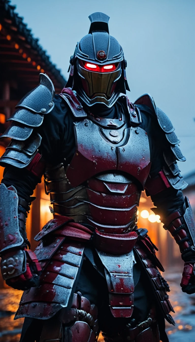 HD Portrait, 8K, a Ironman transform to samurai, ((Kabuto)), Take a sword, in Ghost town, evening, Epic detailed, ultra sharp, intricate armor details, style, flash shot, ((horror scfi)), smog, rainy weather, dramatic lighting, The atmosphere looks real, Full body shot exposed, Front angle, Bokeh, Flash photography, cinematic, Hyper realistic, Professional