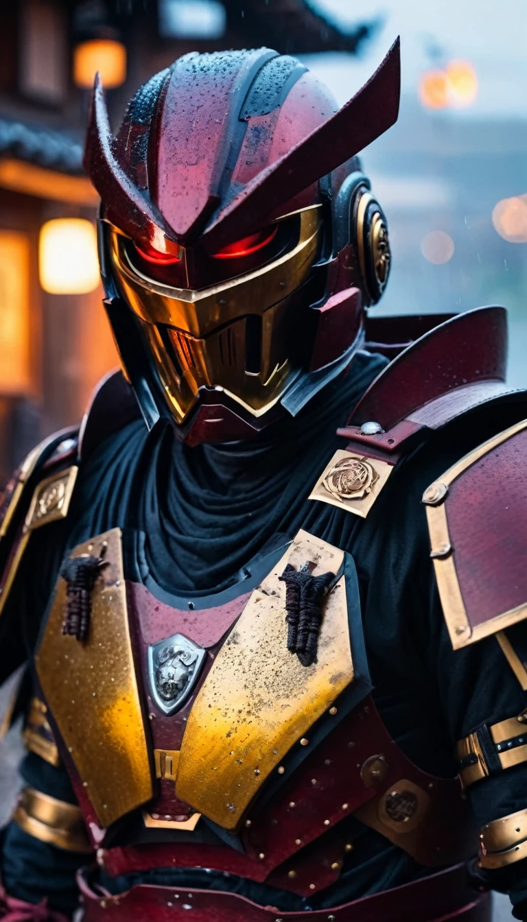 HD Portrait, 8K, a Ironman transform to samurai, ((Kabuto)), Take a sword, in Ghost town, evening, Epic detailed, ultra sharp, intricate armor details, style, flash shot, ((horror scfi)), smog, rainy weather, dramatic lighting, The atmosphere looks real, Full body shot exposed, Front angle, Bokeh, Flash photography, cinematic, Hyper realistic, Professional