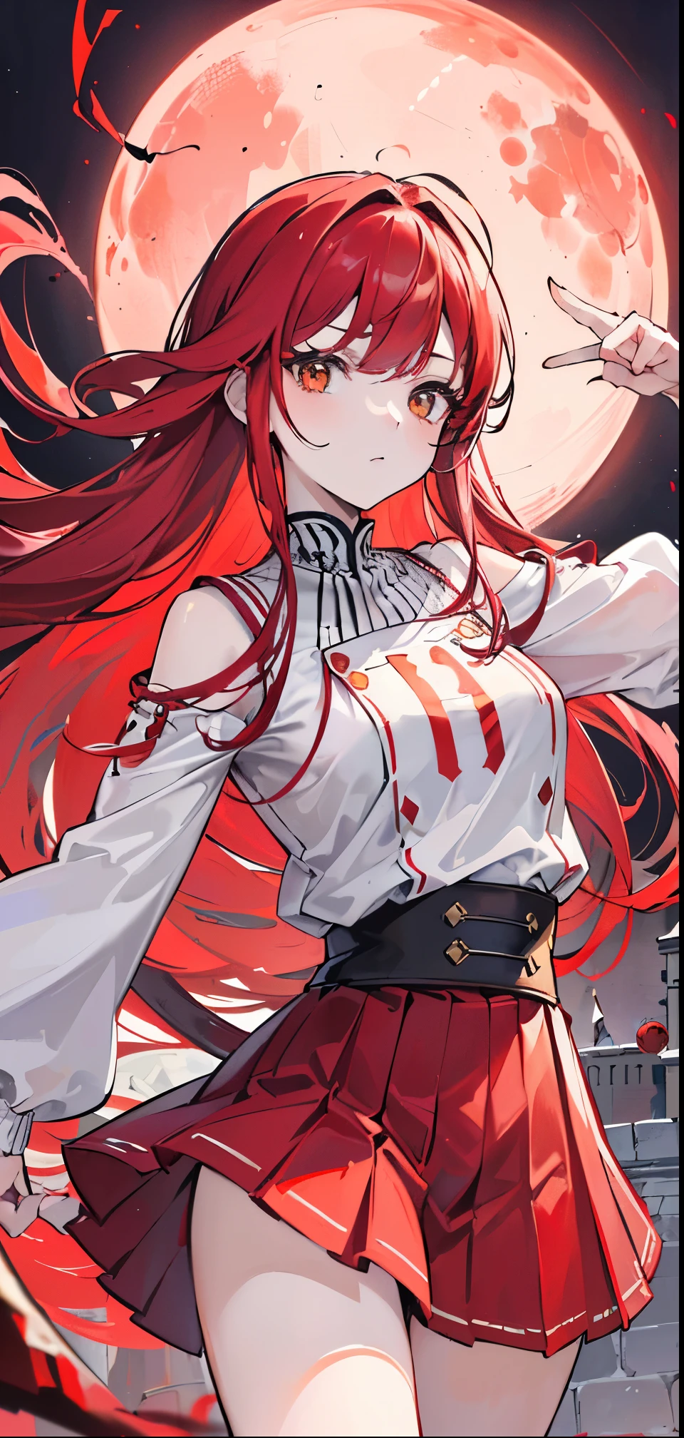(best quality,4k,8K,High resolution,masterpiece:1.2),Extremely detailed,(Practical,photoPractical,photo-Practical:1.37),Red Hair Girl,long hair,Yellow eyes,Pleated skirt,knitted tops,portrait,((Red Moon,castle,Stone situation,Red spider lily)),carefree expression,Peaceful atmosphere anime girl.