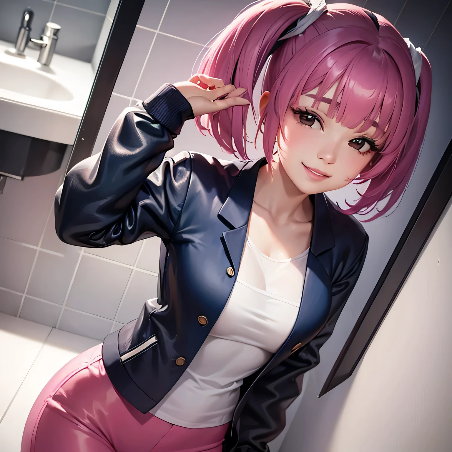 Young Latina ((Ultra-realistic:1.2)), Wearing a navy blue lab coat and light pink pants, she is smiling broadly.., Very bright bathroom, (near), Bring your face closer, Digital single-lens reflex camera, 100mm