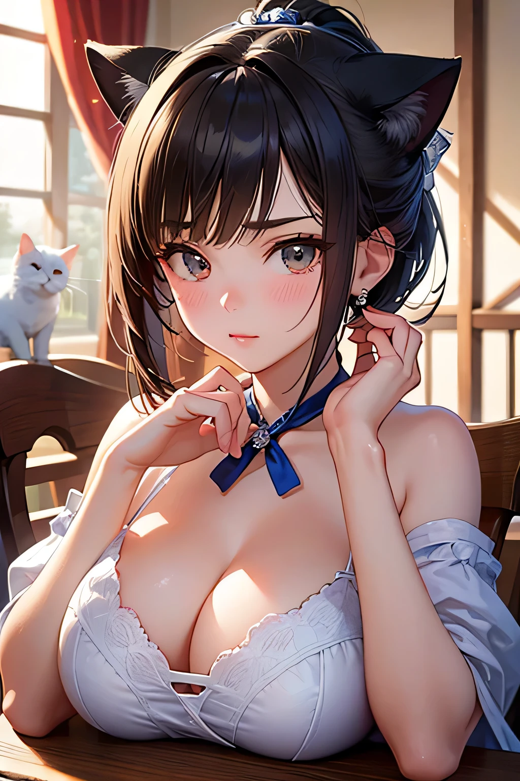 highest quality、High resolution、Detailed Background、(Beautiful face in every detail:1.4)、Anatomically correct、age beauty、well-groomed eyebrows、(Huge breasts:1.1)、Perfect body line、Cute hair colour、Bobcut、ponytail、White Sailor One Piece、Fantasy、Attraction Park、amusement park、The animals can't help but feel at home、
A scene of a dog or cat curled up and sleeping on a passenger's lap inside a slowly rotating Ferris wheel.、The animals are sleeping peacefully inside the ferris wheel as it sways up and down、It might be cute to see a dog or cat riding on a roller coaster cart.、Animals desperately trying to sleep while supporting their bodies、A cat sleeping curled up on top of a horse-shaped object on a merry-go-round、Carefully recreate the expressions and gestures of animals