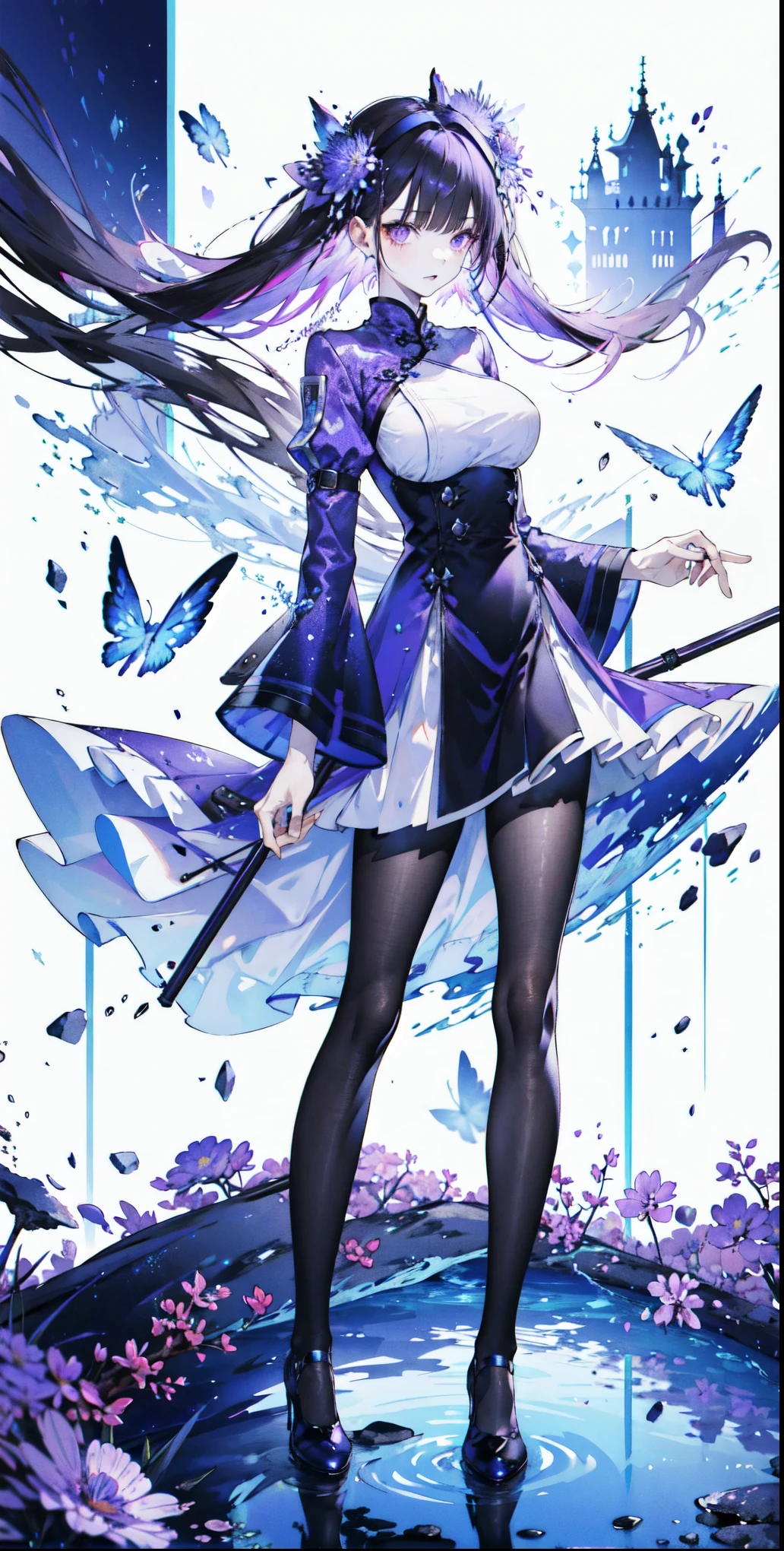 （（masterpiece：1.4，best quality）），（Super detailed），（Extremely detailed eyes），（black leggings，Shiny socks：1.5），Hello Darkness ((Sexy Girl，Large Breasts))，（Blood-red pupils，Diamond-shaped pupil：1.15），Purple Eyeshadow，（elongated hair，Thick hair，shiny hair：1.5）（By changing：1.2），White skin，tilt head to one side，kneel （She wears blue armor，Tight cheongsam，：1.5），Very long plush sleeves，White，White Cloud，Dream bubbles ，Ice and glitter effects （Black long skirt：1.1）， （dawn：1.2）， （Intense black and white：1.16），（Depth of Field：1.4），，Intricate details，(Castle in the Sky，Standing by the lake，Purple flowers by the lake)