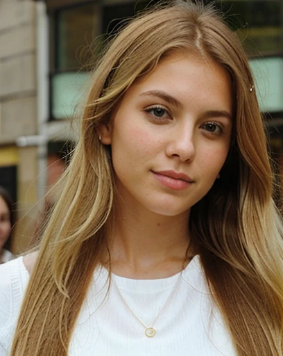 Ermosa mujer rubia de ojos verdes, cabello largo, en Londres