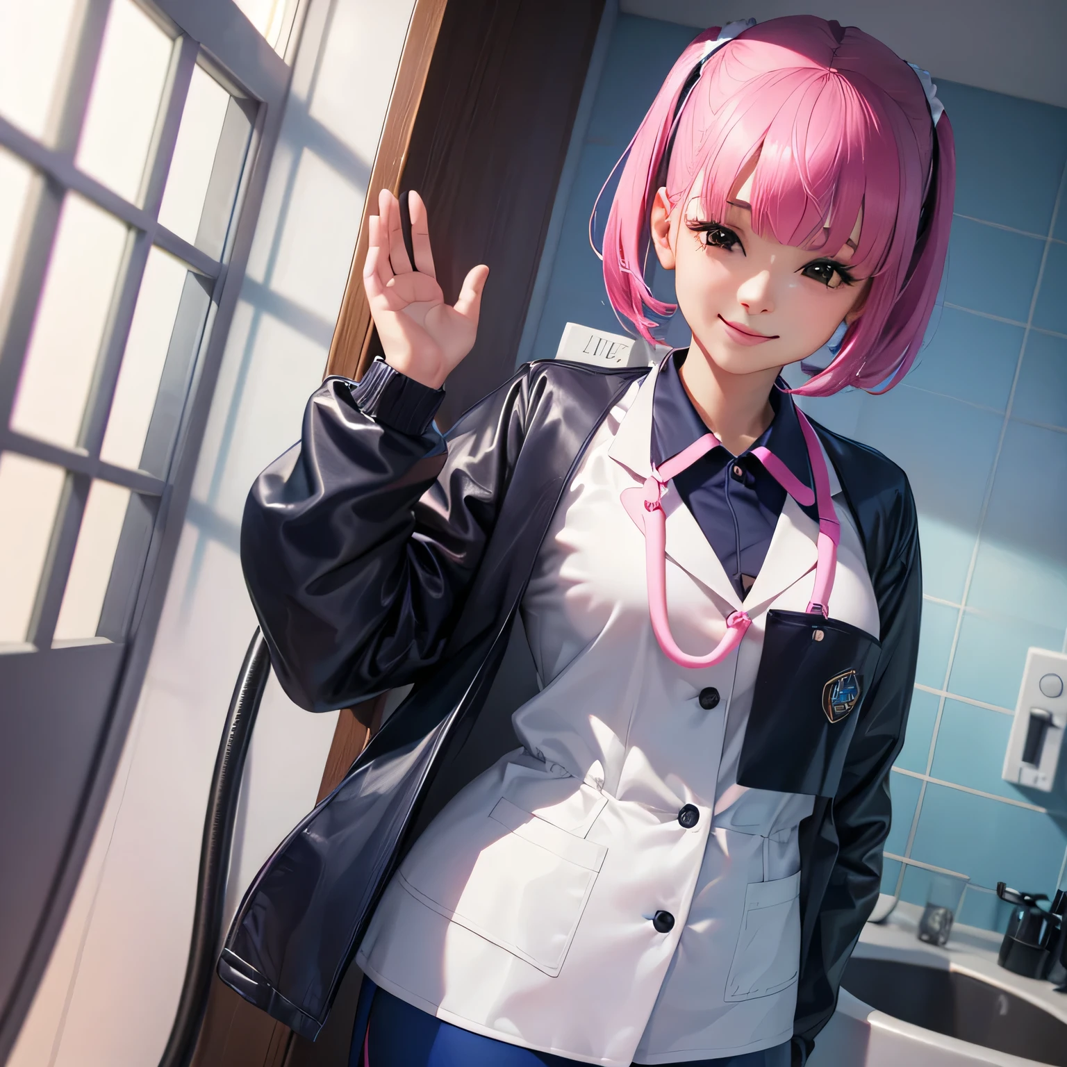 Young Latina ((Ultra-realistic:1.2)), Wearing a navy blue lab coat and light pink pants, she is smiling broadly.., Very bright bathroom, (near), Bring your face closer, Digital single-lens reflex camera, 100mm