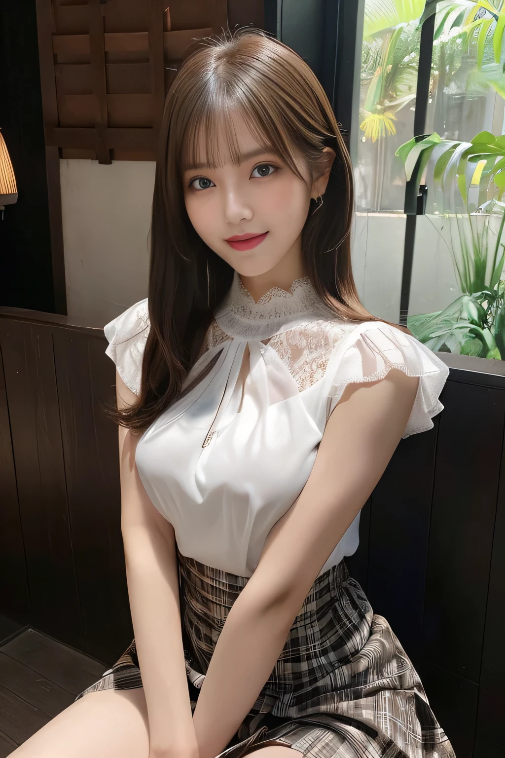 8K, masterpiece, RAW photo, highest quality, realistic, Highly detailed CG Unity 8K wallpaper, written boundary depth, cinematic light, Lens flare, ray tracing, (very beautiful face, beautiful lips, Beautiful drooping eyes), ((super dense skin)) 1 girl, in the dark, ((exposed nipples)), Japanese, idol face, 1 girl, (very slim slender fit-muscled body:1.3), ((looking at the viewer)),(smile:1.3), ((Blouse with lace)), (short sleeve) ,clear eyes, (white skin), (Big eyes), look forward to, (brown straight hair),((plaid skirt)), (looking at the viewer:1.3), (open chest), (very slim), rich bust, thick thighs, See through, ((Squat down and spread your legs)), ((bangs))