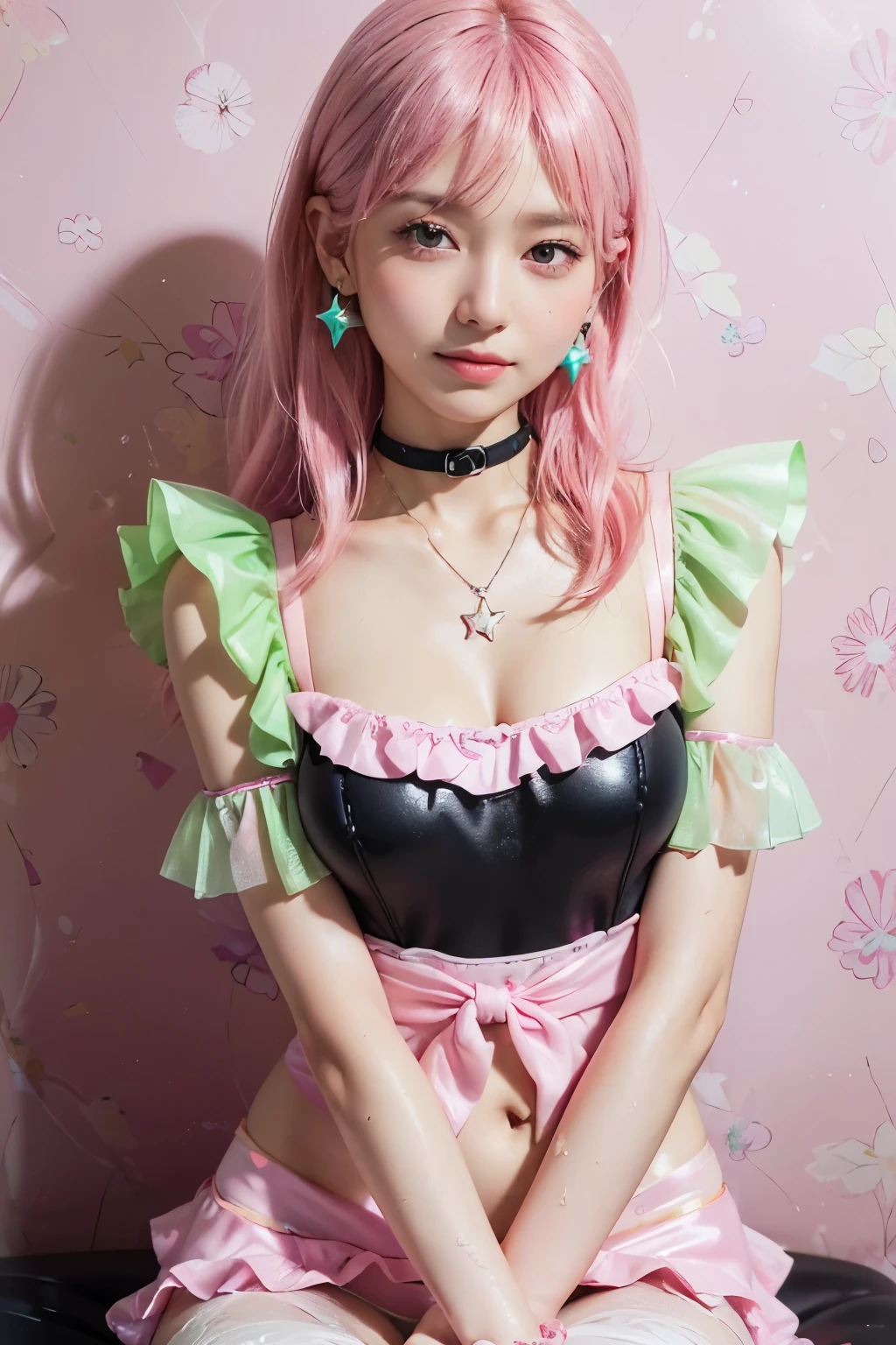 (8K, top-quality, masterpiece:1.2), (reallistic, Photorealsitic:1.37), Super Detail, One girl,), (Highly detailed), (beautifully detailed eyes), (of the highest quality), (super detailed ), (masterpiece), (Detailed face),20yr old, ,1 girl, ((pink hair,long hair)), medium breasts, clothed, Perfect Lighting, BREAK, (shiny neon pink green blue:1.5), (gradient color dress:1.4), (stars hearts glitter pattern:1.3), (glossy wet suit fabric:1.5), (short puffy sleeved bolero:1.2), (sheer lace trimmed camisole:1.2), (frilly sleeves sweetheart neckline blouse:1.3), (mini pleated skirt with apron belt:1.3), (bodycon fit silhouette:1.3), (knee high socks with frills:1.2), (clear platform loafers:1.2), (ribbon choker with charm:1.2), (star earrings heart necklace:1.2), (girly accessories:1.2), BREAK, (high quality:1.5), (upper body to knees:1.3), (long pink hair half up:1.2), (gentle smile:1.2), (slight blush:1.1), (turned head:1.1), (rolled up sleeves:1.2), (touching apron:1.2), (vintage wallpaper background:1.2), (soft natural light:1.2)