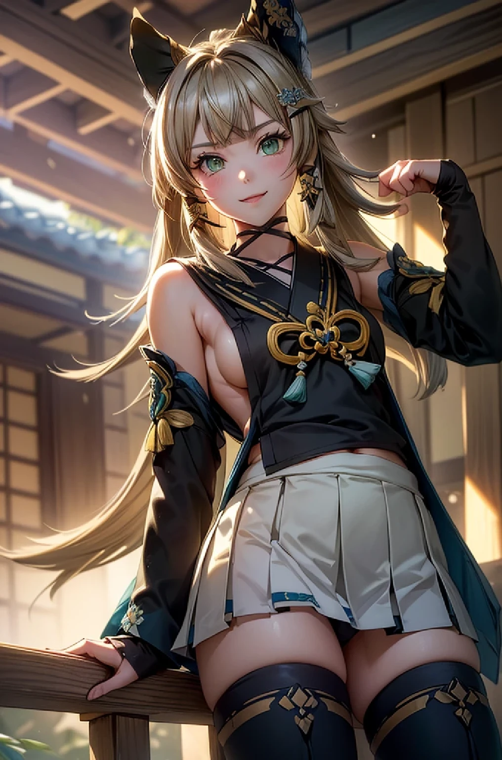 ((kiraradef)):1.5,((masterpiece,highest quality,Highly detailed images,Beautiful images、Realistic、Realistic、2.5D))(kirara images,Japanese garden、Ornamental pond、Fun pose、Bright natural light throughout、Backlight、A fantastic atmosphere、Dust flutters)1.3,(Kirara close-up image)、(Medium chest、underboob or sideboob, Expose your shoulders、Exposing the belly):1.2(smile)1.1(Kimono Remodeling、Separate top and bottom、Knee-high socks、Absolute area)