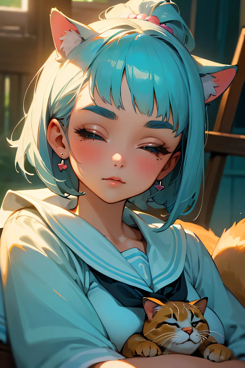 highest quality、High resolution、Detailed Background、(Beautiful face in every detail:1.4)、Anatomically correct、Teenage beauty、well-groomed eyebrows、(Huge breasts:1.1)、Perfect body line、Cute hair colour、Bobcut、ponytail、White Sailor One Piece、Fantasy、Attraction Park、amusement park、The animals can't help but feel at home、
A scene of a dog or cat curled up and sleeping on a passenger's lap inside a slowly rotating Ferris wheel.、The animals are sleeping peacefully inside the ferris wheel as it sways up and down、It might be cute to see a dog or cat riding on a roller coaster cart.、Animals desperately trying to sleep while supporting their bodies、A cat sleeping curled up on top of a horse-shaped object on a merry-go-round、Carefully recreate the expressions and gestures of animals