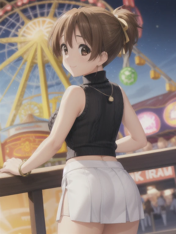 masterpiece,highest quality,High resolution,Super detailed,, 18-year-old, , 

alone, hirasawa ui, I can see your belly button, ((Black sleeveless turtleneck cropped knit、BREAK White mini skirt)),Small pendant、 Big Breasts、誘惑するsmile、Looking back from behind、(((pantylines))), 

Shiny brown hair, Short Ponytail, Beautiful brown eyes、smile、Sparkling eyes, (Fine grain)、Super detailedな目、Highly detailed face, Highly detailed eyes,

Evening amusement park、(((Inside the Ferris wheel)))、

View Viewer, Cowboy Shot