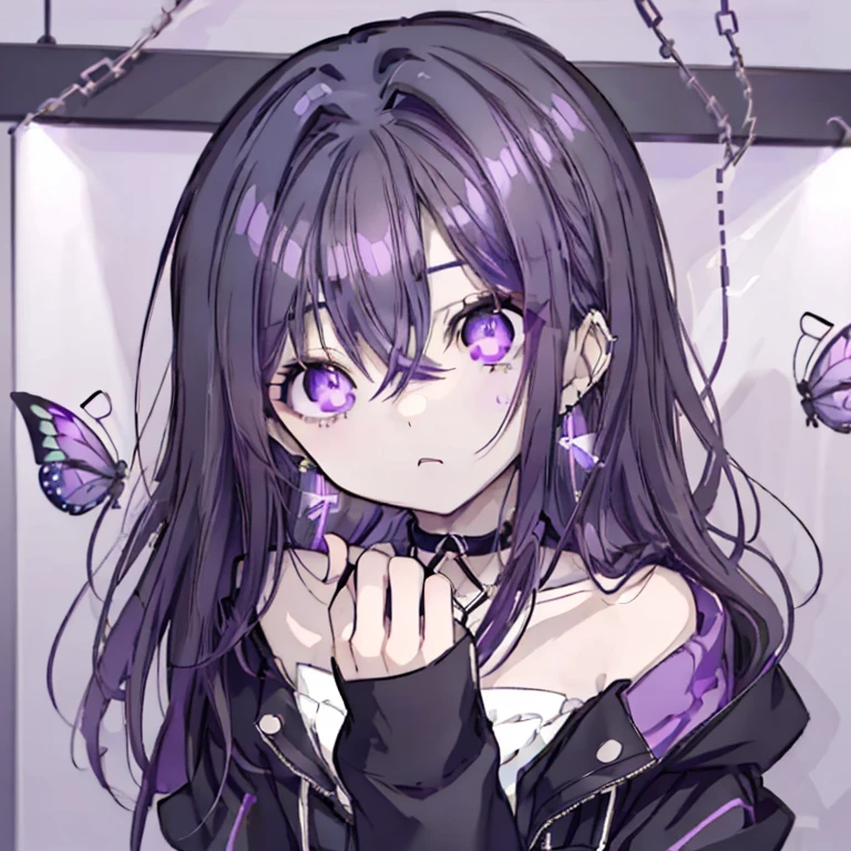 girl、Mature、Ample breasts、Purple Eyes、Purple Hair、Long Hair、Sharp Eyes、cool、Shoulder Bare、Black jacket、choker、Earrings、Look to the side、View your viewers、Black Nails、Bewitching lol、Bust-up perspective、Cinema Lighting、Sparkling Eyes、Chain Accessories、Butterflies fluttering、highest quality、High resolution、masterpiece