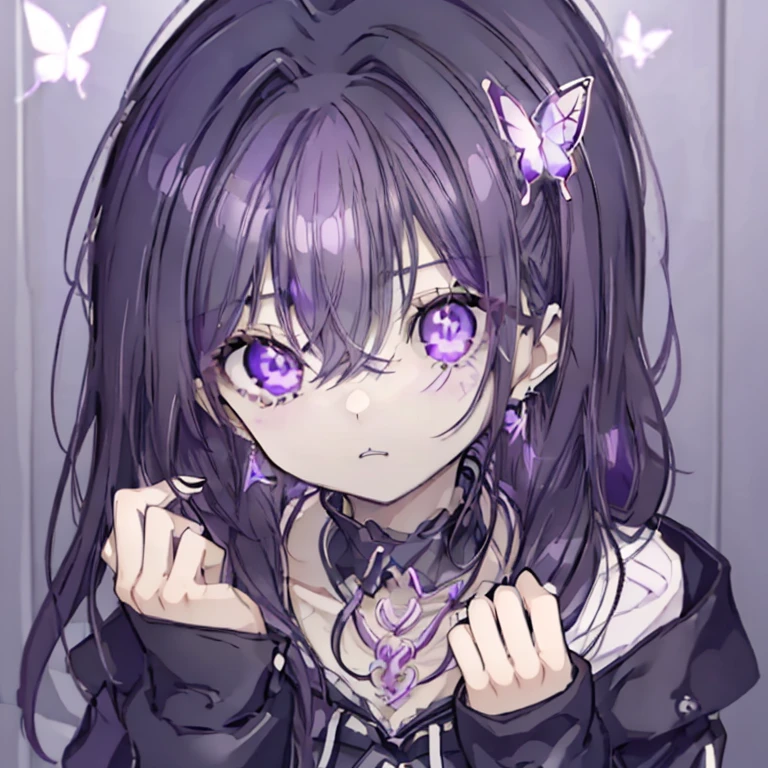 girl、Mature、Ample breasts、Purple Eyes、Purple Hair、Long Hair、Sharp Eyes、cool、Shoulder Bare、Black jacket、choker、Earrings、Look to the side、View your viewers、Black Nails、Bewitching lol、Bust-up perspective、Cinema Lighting、Sparkling Eyes、Chain Accessories、Butterflies fluttering、highest quality、High resolution、masterpiece