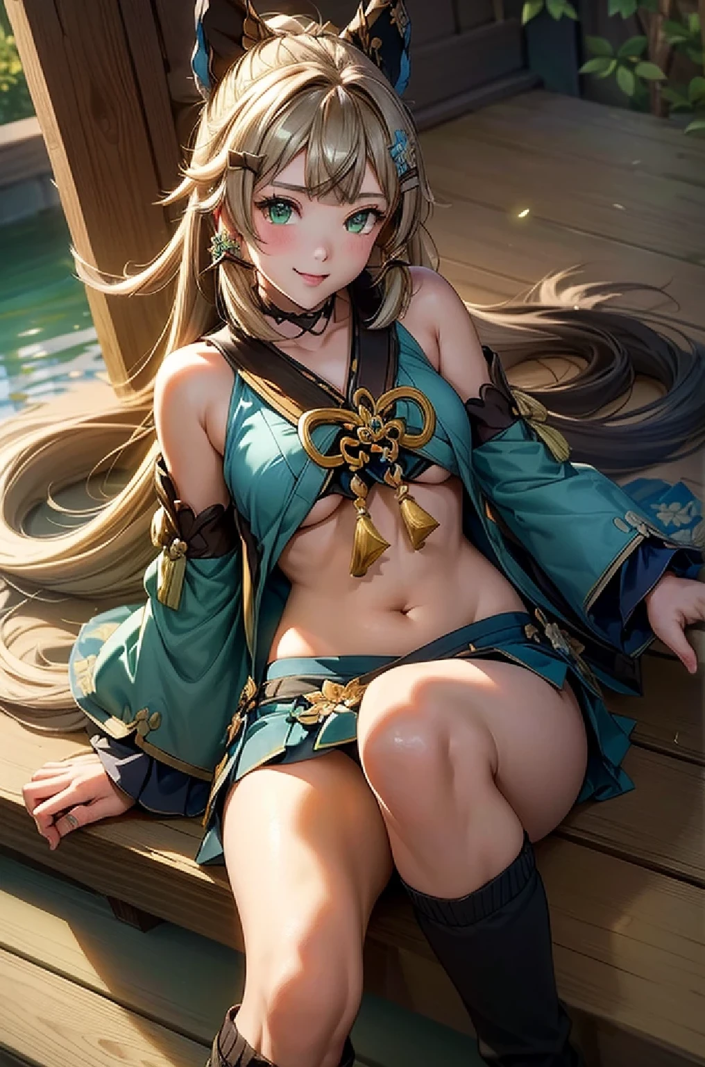 ((kiraradef)):1.5,((masterpiece,highest quality,Highly detailed images,Beautiful images、Realistic、Realistic、2.5D))(kirara images,Japanese garden、Ornamental pond、Fun pose、Bright natural light throughout、Backlight、A fantastic atmosphere、Dust flutters)1.3,(Kirara close-up image)、(Medium chest、underboob or sideboob, Expose your shoulders、Exposing the belly):1.2(smile)1.1(Kimono Remodeling、Separate top and bottom、Knee-high socks、Absolute area)
