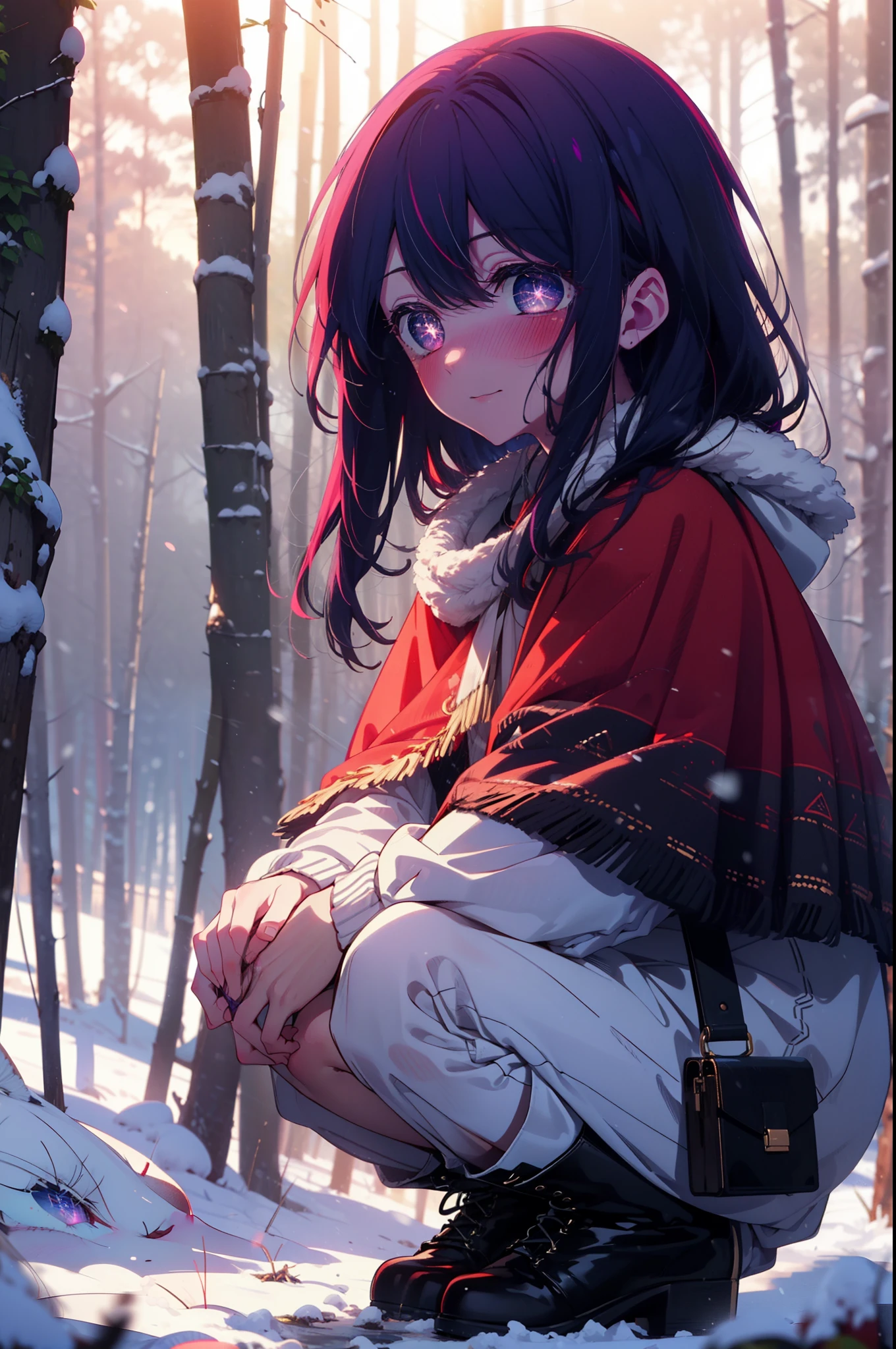 aihoshino, Ai Hoshino, Long Hair, bangs, (Purple eyes:1.1), Purple Hair, (Symbol-shaped pupil:1.5), smile,,smile,blush,White Breath,
Open your mouth,snow,Ground bonfire, Outdoor, boots, snowing, From the side, wood, suitcase, Cape, Blurred, , forest, White handbag, nature,  Squat, Mouth closed, Cape, winter, Written boundary depth, Black shoes, red Cape break looking at viewer, Upper Body, whole body, break Outdoor, forest, nature, break (masterpiece:1.2), highest quality, High resolution, unity 8k wallpaper, (shape:0.8), (Beautiful and beautiful eyes:1.6), Highly detailed face, Perfect lighting, Extremely detailed CG, (Perfect hands, Perfect Anatomy),