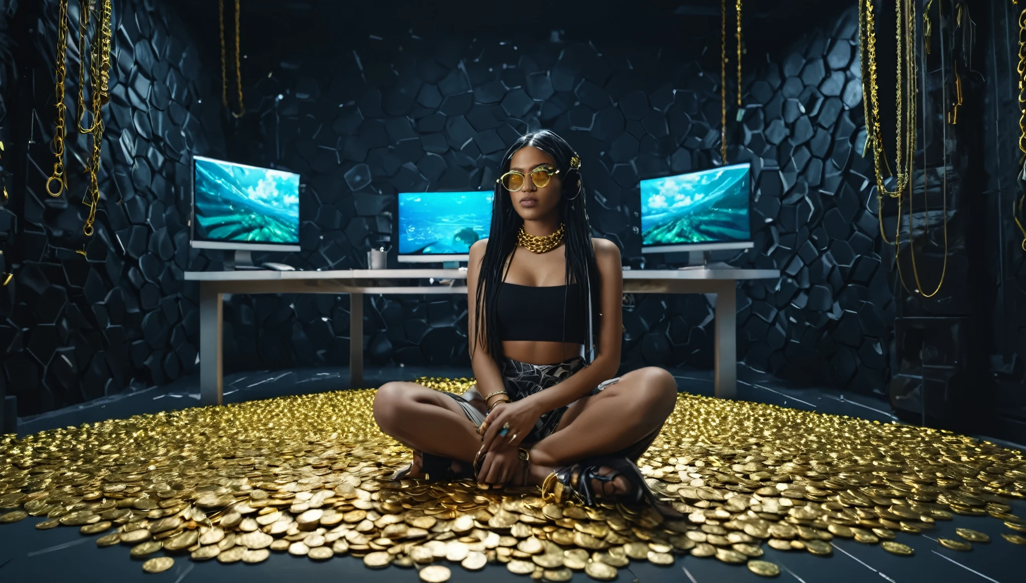 I want a sculpture of stoic philosophers with a black and white background. The picture should focus on the philosphers holding money or in a meeting and showing wealth. It should be a full-body sculpture with walls or buildings in the back ground. Hyper realistic wearing the gold chain glasses several gold coin scattered on the floor ,Young woman with dark and mixed skin with long black hair carrying a computer phone and holding two monitors sitting in the room
cyberpunk sci-fi tropical island., bright, detailed, 8k, intricate, fantastic, colorful vibe, bright, gorgeous, reggae