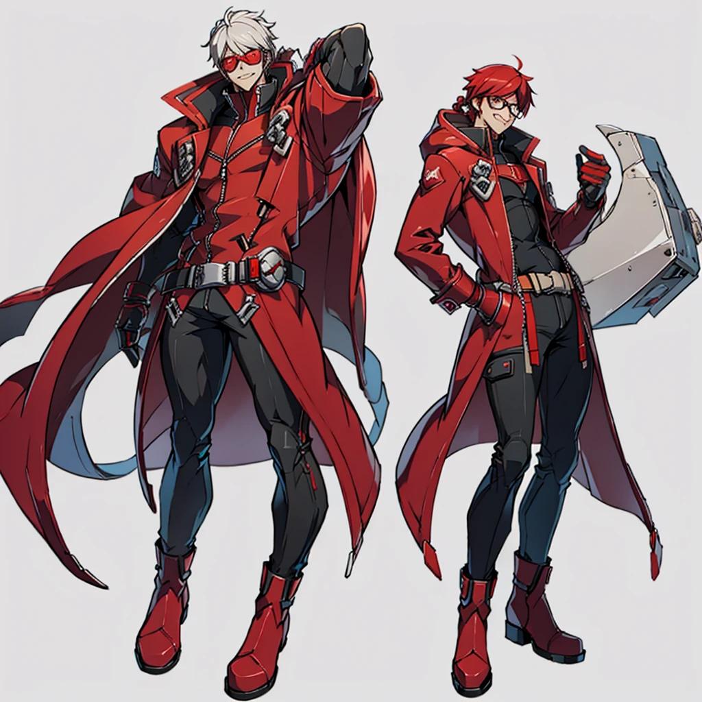  blazblue,human Male ,Red Glasses , white long braided_hair Style  ,zip Red Coat  , Smile , Full body , Black Gloves  , Black boots ,solo