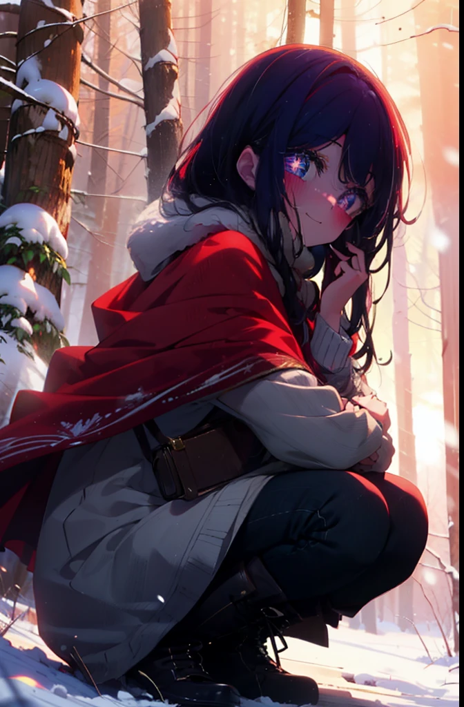 aihoshino, Ai Hoshino, Long Hair, bangs, (Purple eyes:1.1), Purple Hair, (Symbol-shaped pupil:1.5), smile,,smile,blush,White Breath,
Open your mouth,snow,Ground bonfire, Outdoor, boots, snowing, From the side, wood, suitcase, Cape, Blurred, , forest, White handbag, nature, Squat, Mouth closed, Cape, winter, Written boundary depth, Black shoes, red Cape break looking at viewer, Upper Body, whole body, break Outdoor, forest, nature, break (masterpiece:1.2), highest quality, High resolution, unity 8k wallpaper, (shape:0.8), (Beautiful and beautiful eyes:1.6), Highly detailed face, Perfect lighting, Extremely detailed CG, (Perfect hands, Perfect Anatomy),