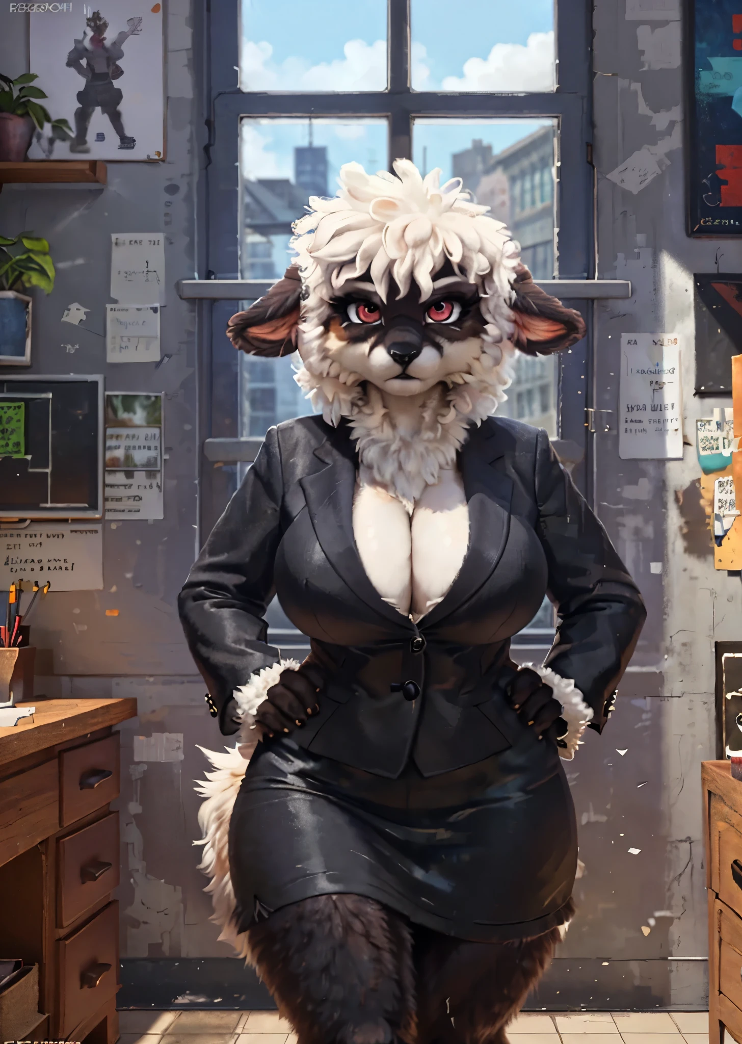 [Uploaded to e621.net; (Foxovh), (Pixelsketcher), (mayosplash), (sidenart)], ((masterpiece)), ((HD)), ((High res)), ((solo portrait)), ((full body)), ((front view)), ((furry; anthro blacknose sheep)), ((detailed fur)), ((cel shading)), ((detailed shading)), ((beautiful render art)), {(anthro sheep), (black fluffy fur), (sheep ears), (fluffy tail), (half-closed maroon eyes), (long eyelashes), (large breasts), (curvy hips), (beautiful legs), (angry), (intimidating glare), (expressionless)}, {(grey blazer), (cleavage), (grey pencil skirt)}, {(standing), (holding glasses on face), (looking at viewer)}, [background; (office), (desk), (window), (clouds in sky), (blue sky), (ambient lighting)]