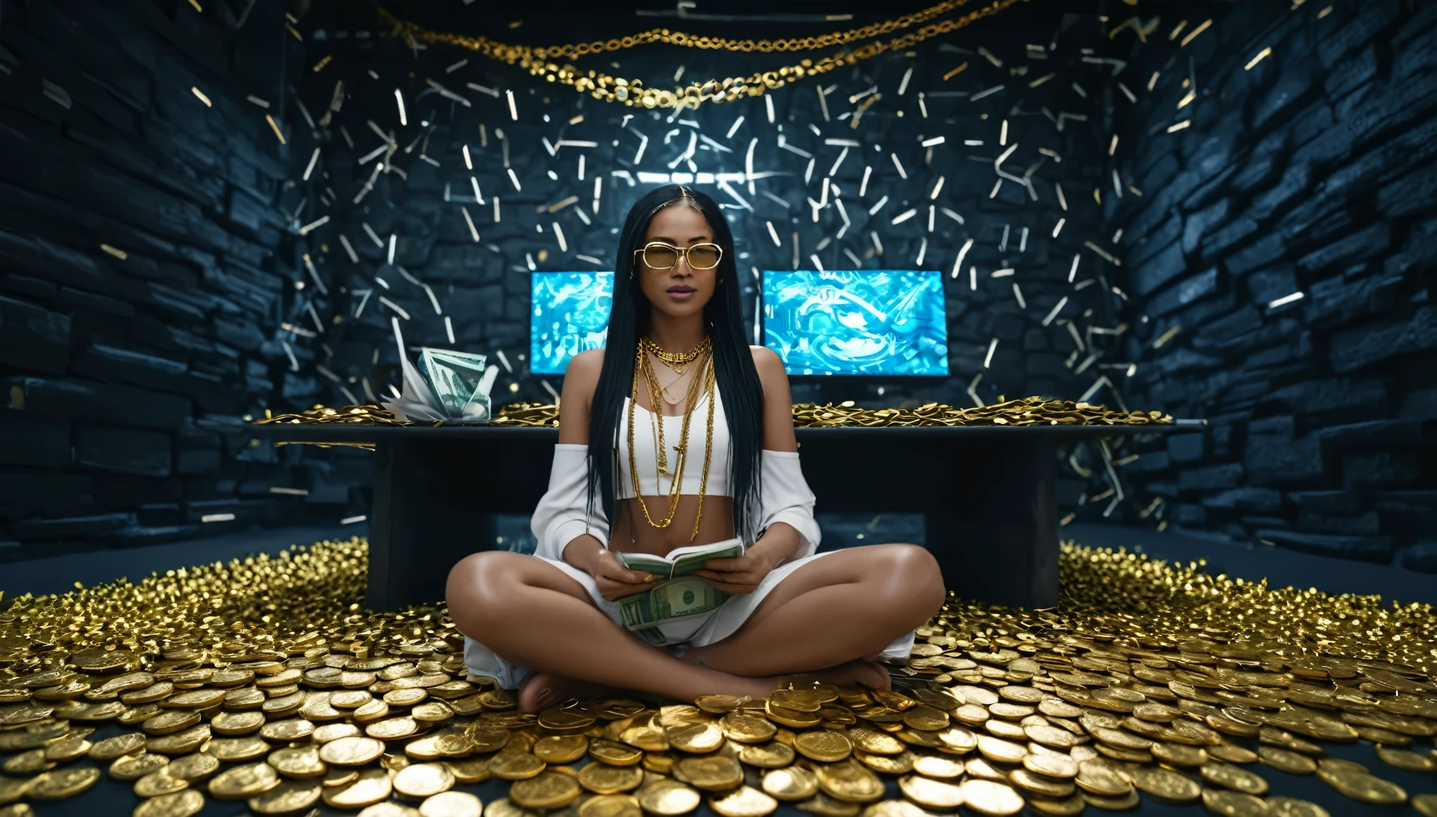 I want a sculpture of stoic philosophers with a black and white background. The picture should focus on the philosphers holding money or in a meeting and showing wealth. It should be a full-body sculpture with walls or buildings in the back ground. Hyper realistic wearing the gold chain glasses several gold coin scattered on the floor,Young woman with dark and mixed skin with long black hair carrying a computer phone and holding two monitors sitting in the room
cyberpunk sci-fi tropical island., bright, detailed, 8k, intricate, fantastic, colorful vibe, bright, gorgeous, reggae