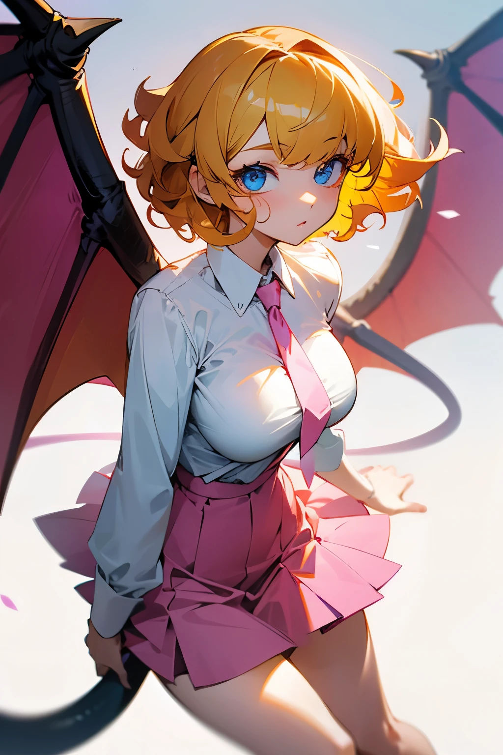 Girl, short curly yellow hair, blue eyes, white shirt, pink tie, short skirt, dragon wings, big breasts