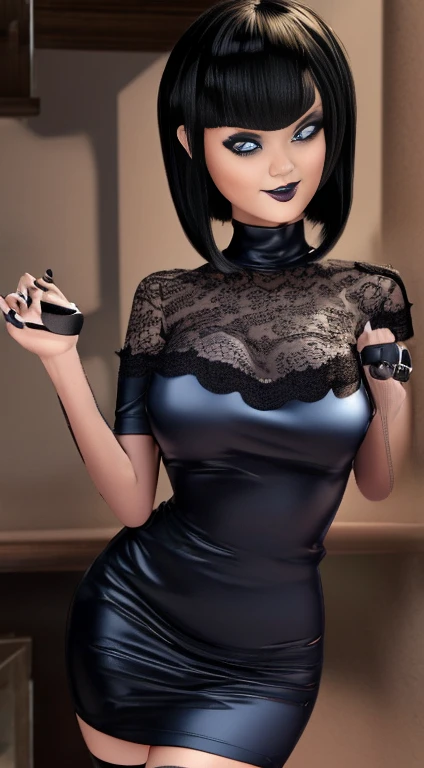 Nudes, Mavis, naugthy Stuning big breast, makeup gothic, black lipstick, blue eyes short black hair, with bangs, style bob, perfect detailed 3D