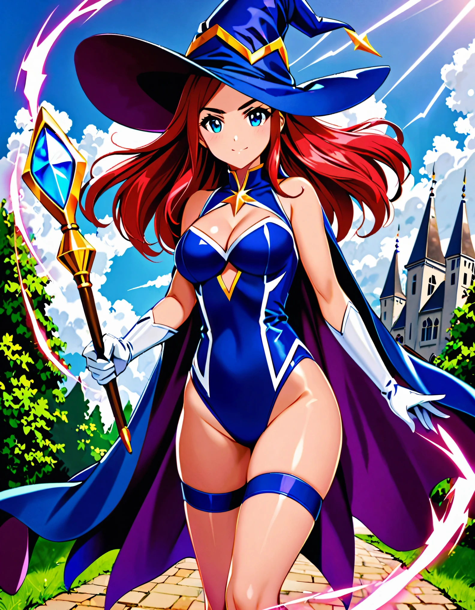 1girl, superhero, holding wand, witch academia, superhero sorceress witch, glamorous angewoman digimon, sky witch, by Aguri Uchida, maya ali as a lightning mage, leotard, blue leotard with white accent, bare legs, blue thigh-highs, red high heels, witch hat, red hair, long hair, blue eyes, beautiful detailed eyes, beautiful detailed face, cute face, medium breasts, age 16-18, solo, solo focus, wonder