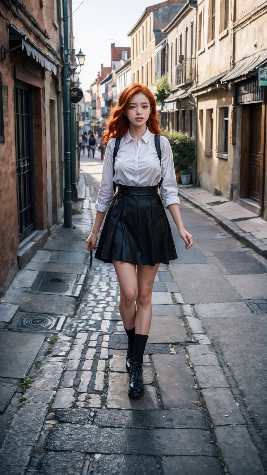8k, highest quality, live camera, best quality, 1 girl, ((Standing in In Van Gogh's Footsteps:1)), ((In Van Gogh's Footsteps:1)) , frente, ((black eyes)), (((perfect eye))), (((redhead))), beautiful black skirt, in a stunning setting, ((In Van Gogh's Footsteps in background)), beautiful city, fim de tarde, live lighting, cores vivas, (((no cars))), ((morning)), (beautiful smile:1), (walking pose:1.5)