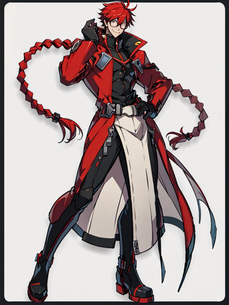  blazblue,human Male ,Red Glasses , white long braided_hair Style  ,zip Red Coat  , Smile , Full body , Black Gloves  , Black boots ,((solo))