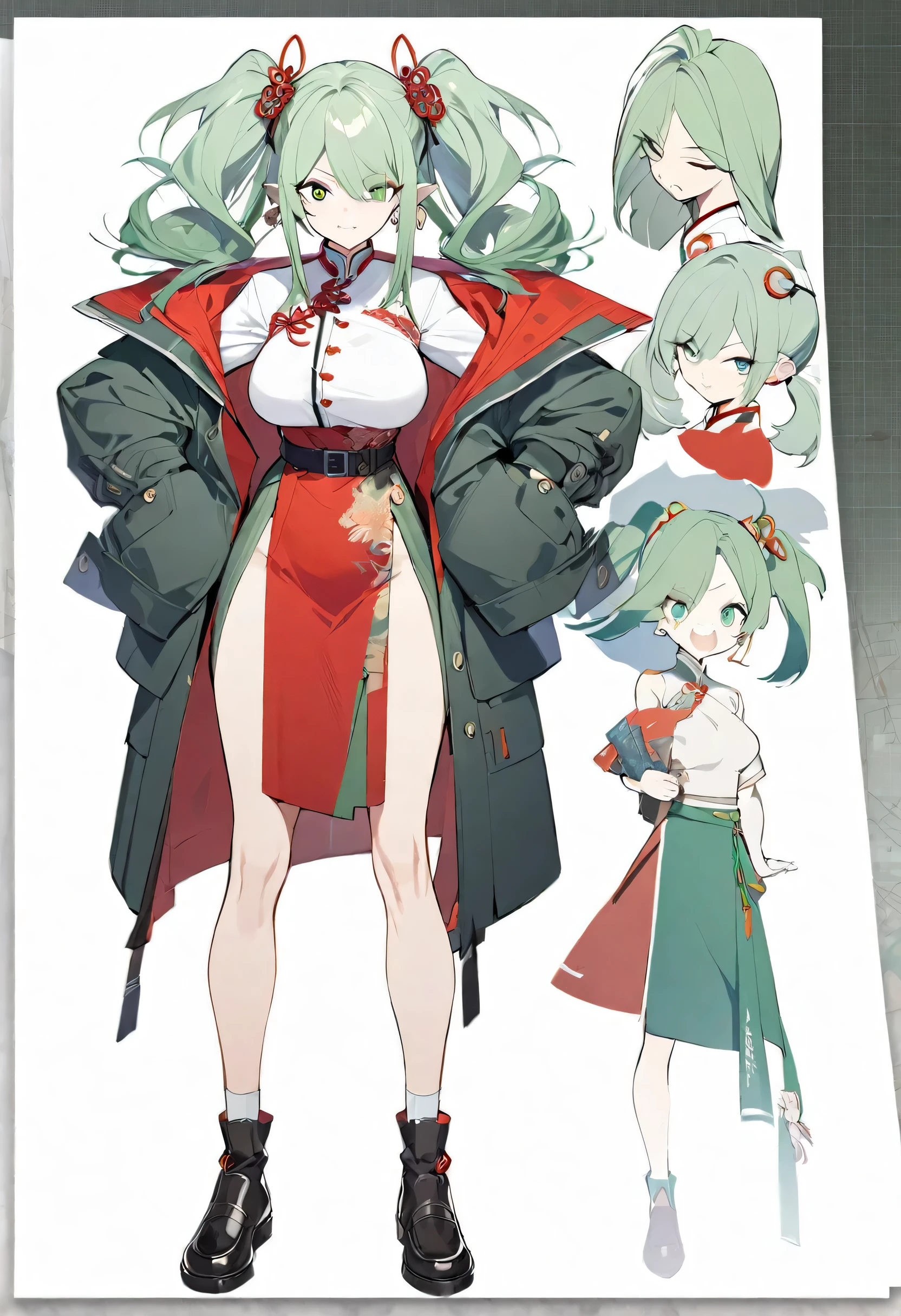 One girl,high school student,whole body,Are standing,Dynamic,Concept Art,Sharp Eyes,Her long green hair is tied in two ponytails with a traditional Chinese hair ornament.,Red Chinese dress with white shirt,Uniform jacket,A simple belt accentuates the waistline,Accented with Chinese-style ribbons and buttons,Black Loafers,Arknights Wind,Large Breasts,Height: 168cm,cool,Stylish,Fleshy breasts,Toned body,Twin tails,Half Hair,Simple gold earrings,Long bangs,Good posture,Stylish,Grey Hair,Double teeth,Facial Expression Differences,Elephant-like hairstyle,