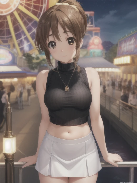 masterpiece,highest quality,High resolution,Super detailed,, 18-year-old, , 

alone, hirasawa ui, I can see your belly button, ((Black sleeveless turtleneck cropped knit、BREAK White mini skirt)),Small pendant、 Big Breasts、誘惑するsmile、(((pantylines))), 

Shiny brown hair, Short Ponytail, Beautiful brown eyes、smile、Sparkling eyes, (Fine grain)、Super detailedな目、Highly detailed face, Highly detailed eyes,

Evening amusement park、(((Inside the Ferris wheel)))、

View Viewer, Cowboy Shot