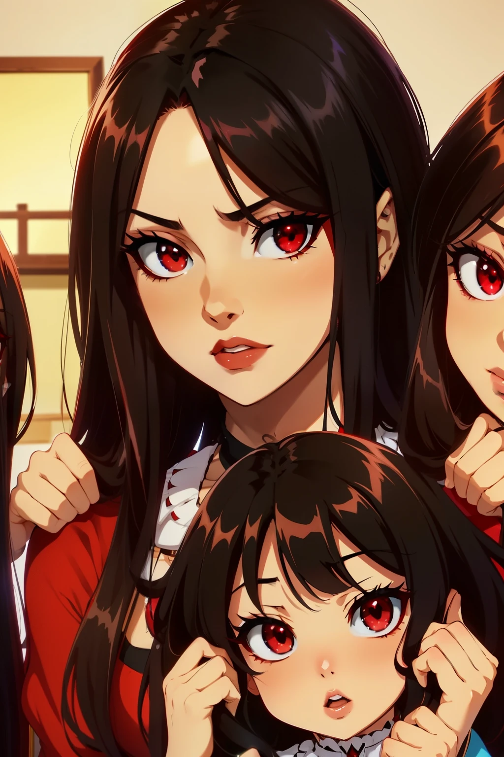 Megumin have black hair, red Eyes) with her 3 little daugheters Esmeralda, Ariarose and Ruby: Esmeralda have brown hair , red eyes). Ruby have Red Hair, green eyes), AriaRose have Black hair, blu eyes)
