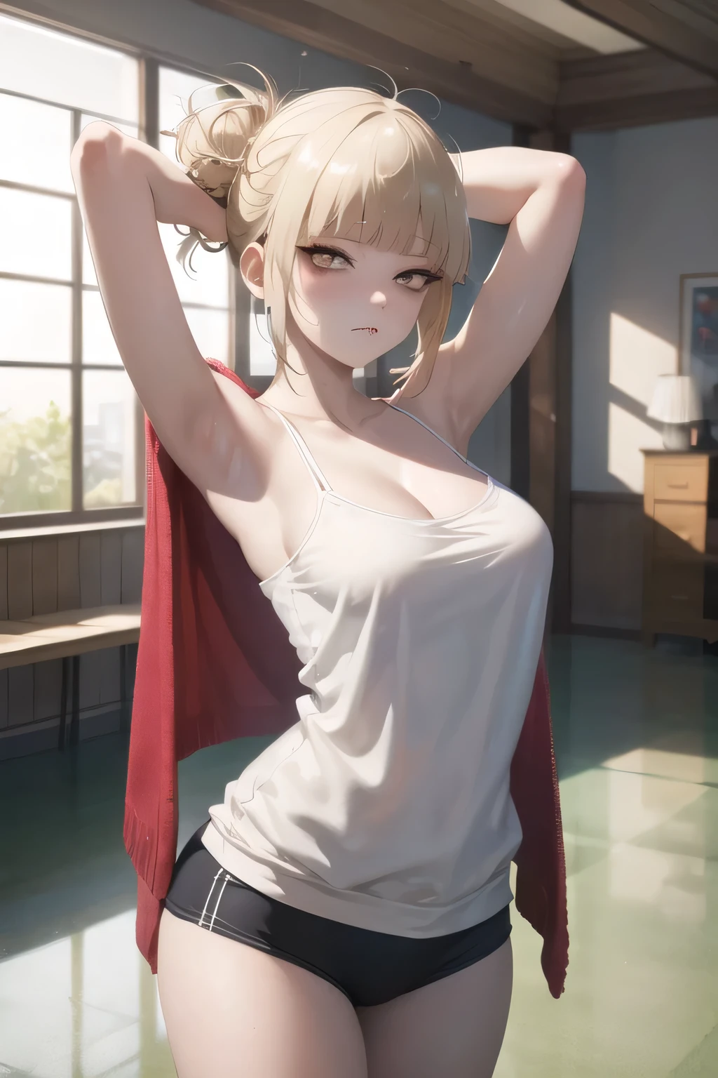 masterpiece, best quality, official art, professional artwork, highres, lens flare, (vibrant_color:1.2, 1girl), nino, standing, cleavage, collarbone, frown, towel, indoor, looking at viewer, cowboy shot, arms up, armpits