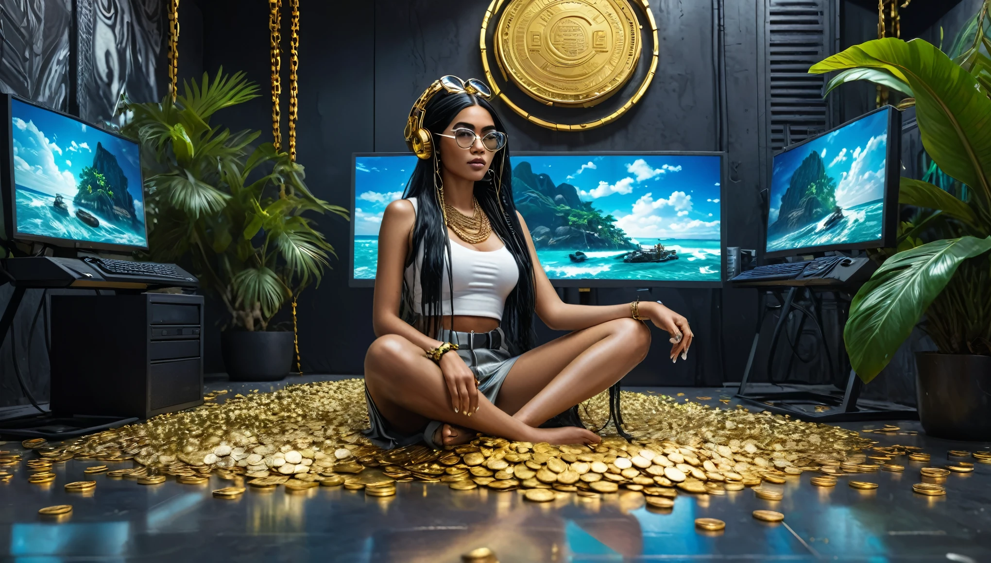 I want a sculpture of stoic philosophers with a black and white background. The picture should focus on the philosphers holding money or in a meeting and showing wealth. It should be a full-body sculpture with walls or buildings in the back ground. Hyper realistic wearing the gold chain glasses several gold coin scattered on the floor,Young woman with dark and mixed skin with long black hair carrying a computer phone and holding two monitors sitting in the room
cyberpunk sci-fi tropical island., bright, detailed, 8k, intricate, fantastic, colorful vibe, bright, gorgeous, reggae
