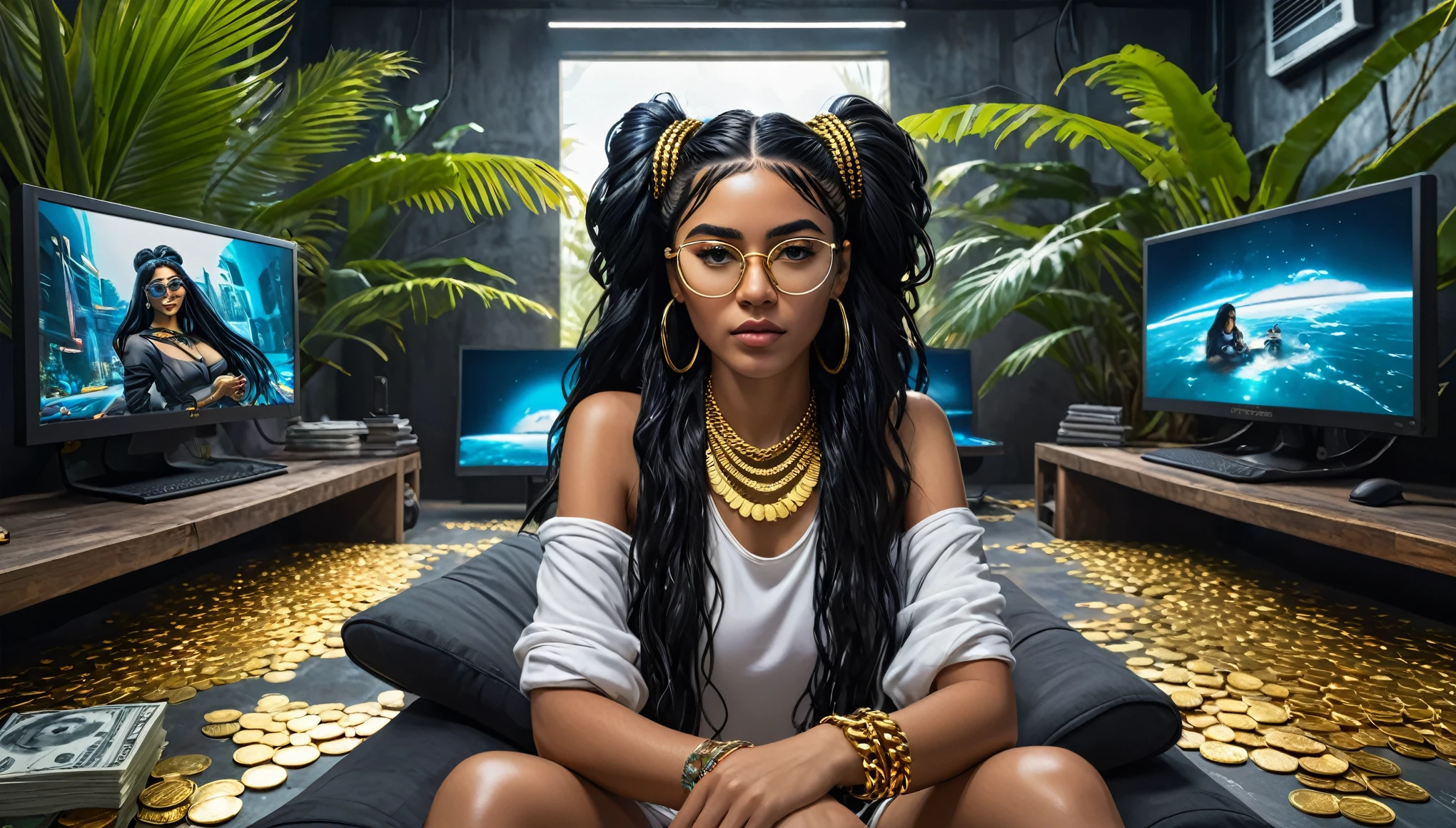 I want a sculpture of stoic philosophers with a black and white background. The picture should focus on the philosphers holding money or in a meeting and showing wealth. It should be a full-body sculpture with walls or buildings in the back ground. Hyper realistic wearing the gold chain glasses several gold coin scattered on the floor,Young woman with dark and mixed skin with long black hair carrying a computer phone and holding two monitors sitting in the room
cyberpunk sci-fi tropical island., bright, detailed, 8k, intricate, fantastic, colorful vibe, bright, gorgeous, reggae
