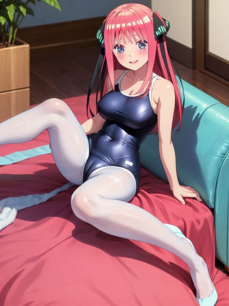best quality, masterpiece, high quality, insanely detailed, nino nakano, one-piece swimsuit, , pantyholush, smile, in the living room, legs spread, pussy focus