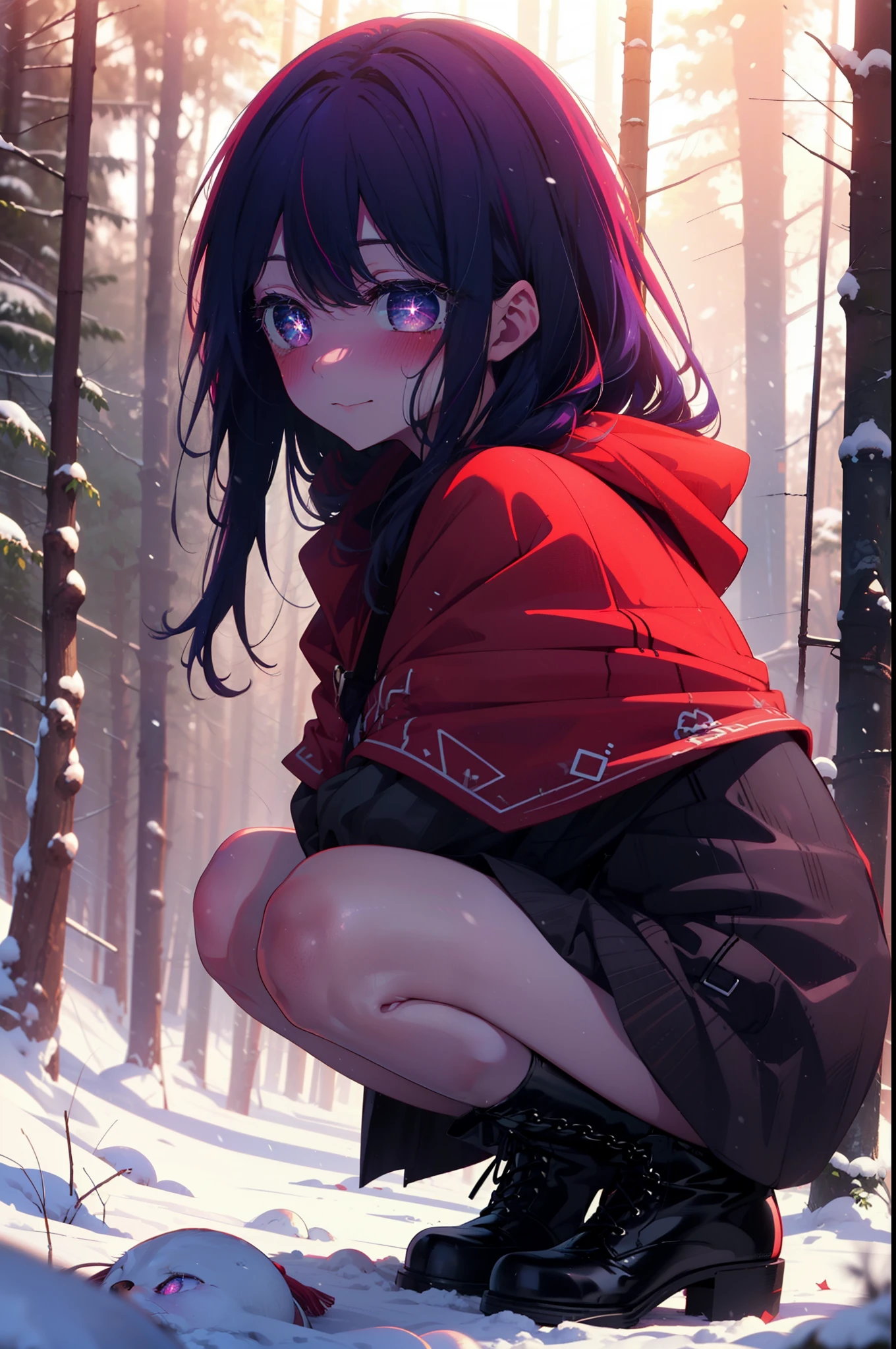 aihoshino, Ai Hoshino, Long Hair, bangs, (Purple eyes:1.1), Purple Hair, (Symbol-shaped pupil:1.5), smile,,smile,blush,White Breath,
Open your mouth,snow,Ground bonfire, Outdoor, boots, snowing, From the side, wood, suitcase, Cape, Blurred, , forest, White handbag, nature,  Squat, Mouth closed, Cape, winter, Written boundary depth, Black shoes, red Cape break looking at viewer, Upper Body, whole body, break Outdoor, forest, nature, break (masterpiece:1.2), highest quality, High resolution, unity 8k wallpaper, (shape:0.8), (Beautiful and beautiful eyes:1.6), Highly detailed face, Perfect lighting, Extremely detailed CG, (Perfect hands, Perfect Anatomy),