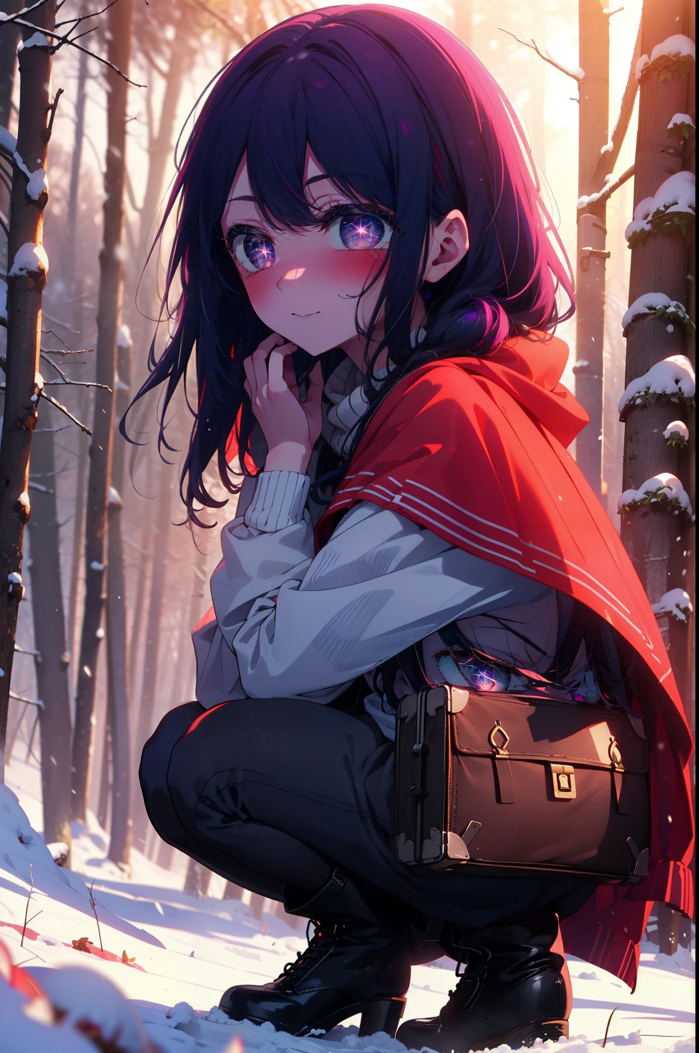 aihoshino, Ai Hoshino, Long Hair, bangs, (Purple eyes:1.1), Purple Hair, (Symbol-shaped pupil:1.5), smile,,smile,blush,White Breath,
Open your mouth,snow,Ground bonfire, Outdoor, boots, snowing, From the side, wood, suitcase, Cape, Blurred, , forest, White handbag, nature, Squat, Mouth closed, Cape, winter, Written boundary depth, Black shoes, red Cape break looking at viewer, Upper Body, whole body, break Outdoor, forest, nature, break (masterpiece:1.2), highest quality, High resolution, unity 8k wallpaper, (shape:0.8), (Beautiful and beautiful eyes:1.6), Highly detailed face, Perfect lighting, Extremely detailed CG, (Perfect hands, Perfect Anatomy),