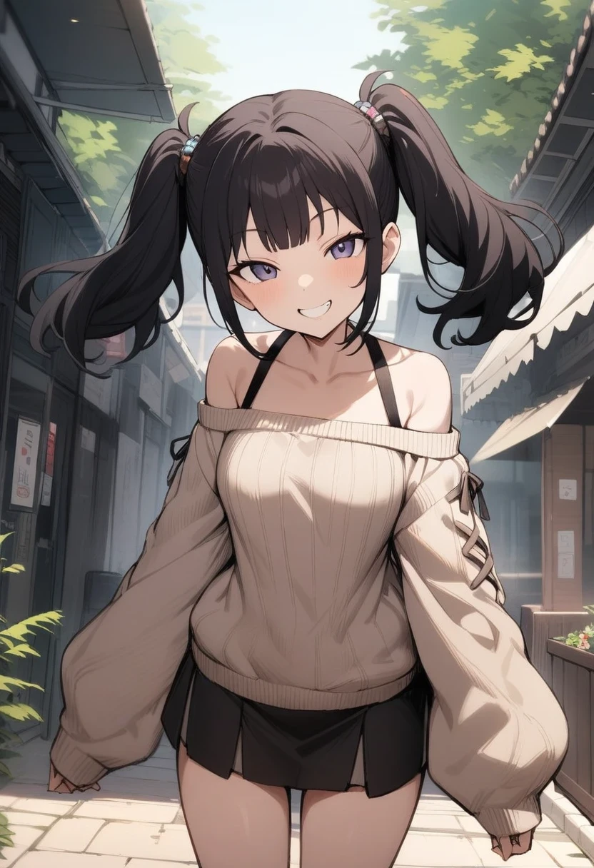 masterpiece, best quality,  high resolution, all intricate, 1girl, solo, looking at viewer, standing, cowboy shot, black hair, rating: general, twintails, smile, off-shoulder_sweater, miniskirt, outdoors, grin
