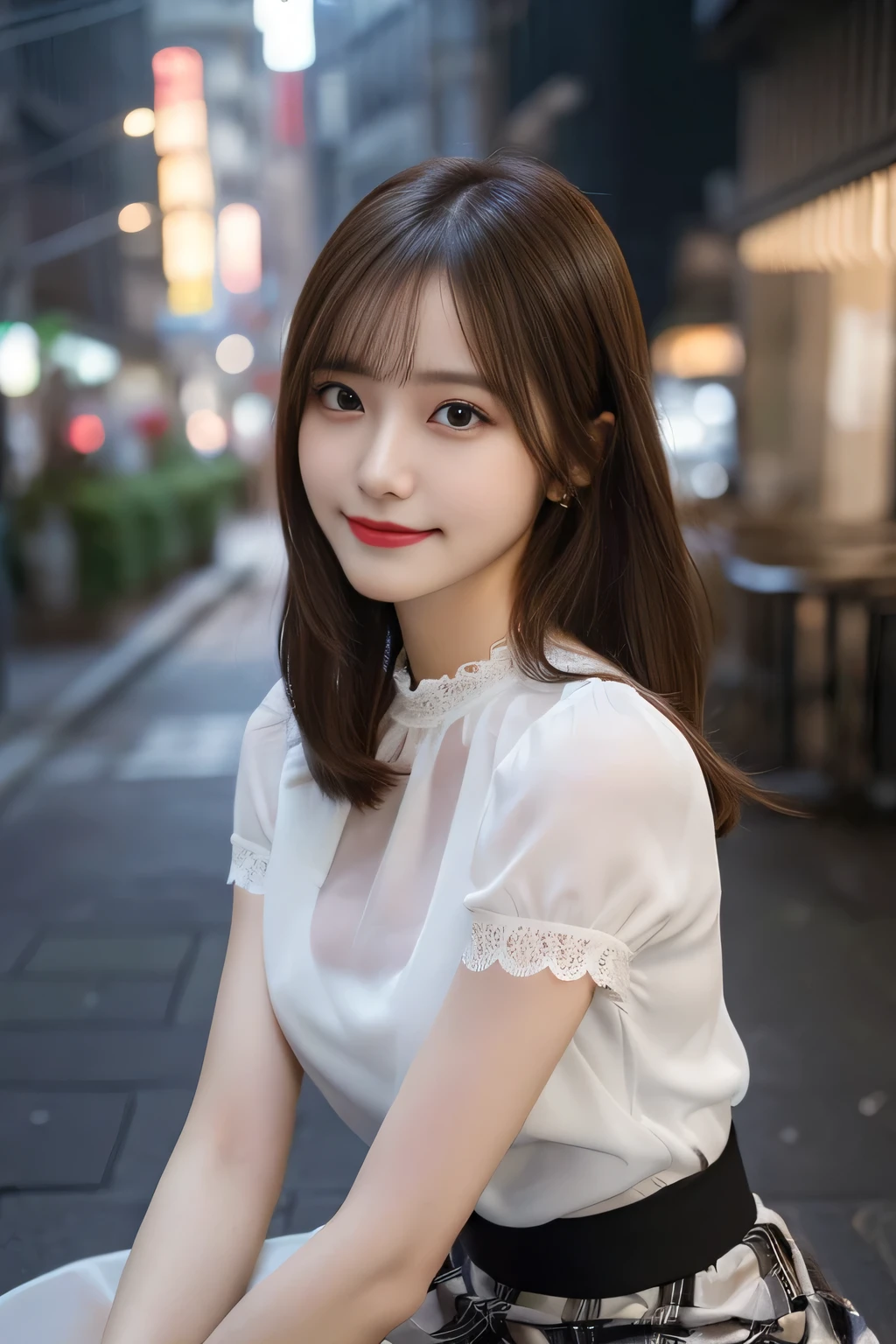 8K, masterpiece, RAW photo, highest quality, realistic, Highly detailed CG Unity 8K wallpaper, written boundary depth, cinematic light, Lens flare, ray tracing, (very beautiful face, beautiful lips, Beautiful drooping eyes), ((super dense skin)) 1 girl, in the dark, ((exposed nipples)), Japanese, idol face, 1 girl, (very slim slender fit-muscled body:1.3), ((looking at the viewer)),(smile:1.3), ((Blouse with lace)), (short sleeve) ,clear eyes, (white skin), (Big eyes), look forward to, (brown straight hair),((plaid skirt)), (looking at the viewer:1.3), (open chest), (very slim), rich bust, thick thighs, See through, ((Squat down and spread your legs)), ((bangs))