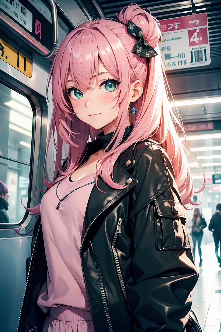 ((1 girl)), in the train, Chatting, smile, blush, Latest Fashion Trends, Street fashion,Jacket, Open chest,Cool look, Fashionable skirts,Relaxed pose,Cowboy Shot,((Very detailed,highest quality, High resolution, 8k wallpaper, Beautiful clothes,)),((Pink Hair, Long Hair,Straight hair, hair accessory)), (Green Eyes),eye shadow, eyeliner,Glow Eye, Very detailedな目, Complex eyes, Beautiful Eyes, 18-year-old girl.