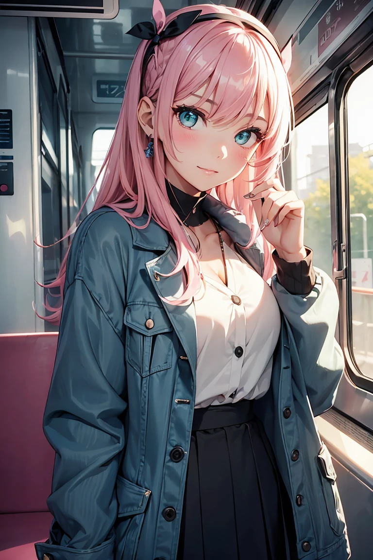 ((1 girl)), in the train, Chatting, smile, blush, Latest Fashion Trends, Street fashion,Jacket, Open chest,Cool look, Fashionable skirts,Relaxed pose,Cowboy Shot,((Very detailed,highest quality, High resolution, 8k wallpaper, Beautiful clothes,)),((Pink Hair, Long Hair,Straight hair, hair accessory)), (Green Eyes),eye shadow, eyeliner,Glow Eye, Very detailedな目, Complex eyes, Beautiful Eyes, 18-year-old girl.