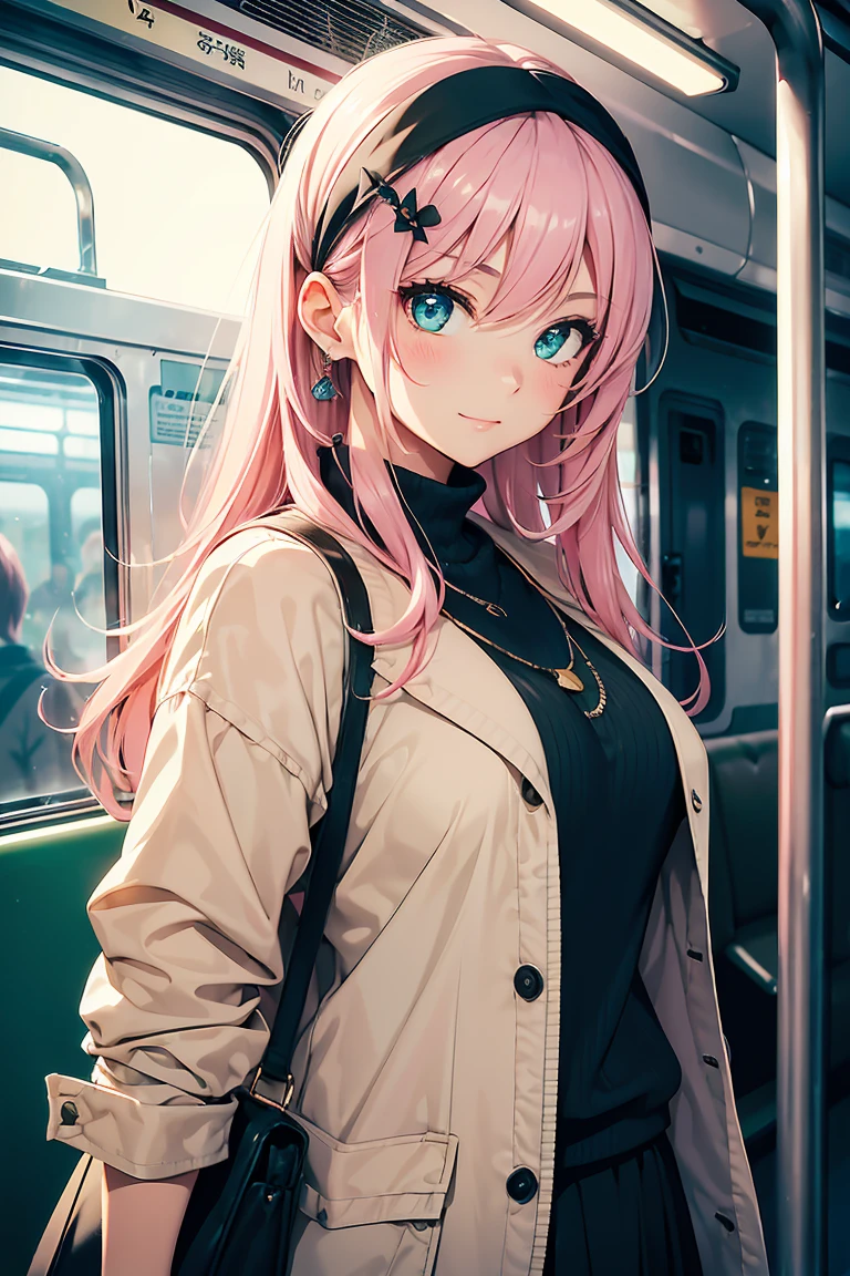 ((1 girl)), in the train, Chatting, smile, blush, Latest Fashion Trends, Street fashion,Jacket, Open chest,Cool look, Fashionable skirts,Relaxed pose,Cowboy Shot,((Very detailed,highest quality, High resolution, 8k wallpaper, Beautiful clothes,)),((Pink Hair, Long Hair,Straight hair, hair accessory)), (Green Eyes),eye shadow, eyeliner,Glow Eye, Very detailedな目, Complex eyes, Beautiful Eyes, 18-year-old girl.