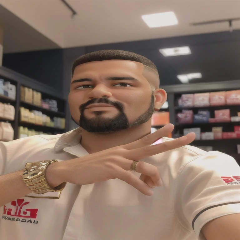Light-skinned man with a beard in a store making a peace sign with his hand, foto do perfil 1024px