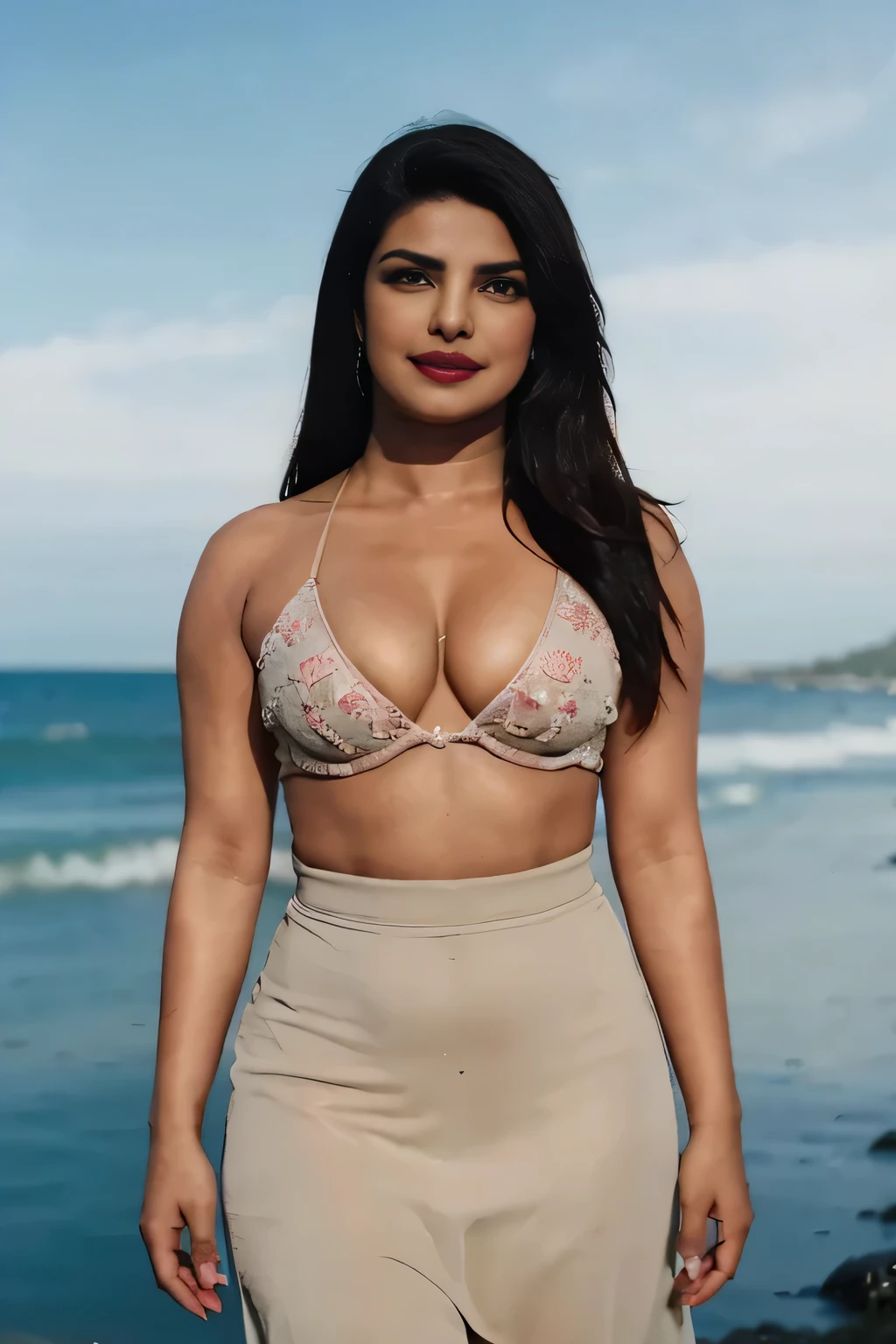 photo of Priyanka Chopra with red micro mini crochet, big cheeks, curvy, hourglass figure, swooping breasts, black eyes, deep cleavage, ocean and beach view (cinematic:1.3), intricate details, (ArtStation:1.2)