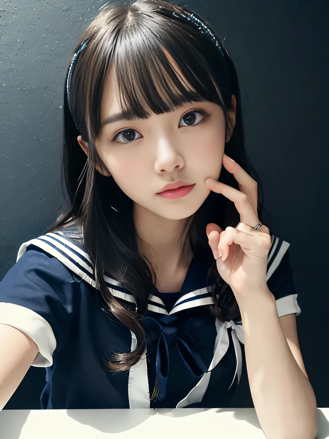 japanese cute girl, young face,white pale skin, bangs,black hair,long hair,small face, ,on bed ,soft body, 18 year old girl, night time, ,(huge breasts,) , detailed skin textures, bokeh, , night lighting, ,(close up) 4k uhd, dslr, soft lighting, high quality, Fujifilm XT3 low light, direct flash, polaroid sx-70 analog film, CyberRealistic_Negative, film grain,Navy blue sailor suit、high school girl、Girls&#39; High 