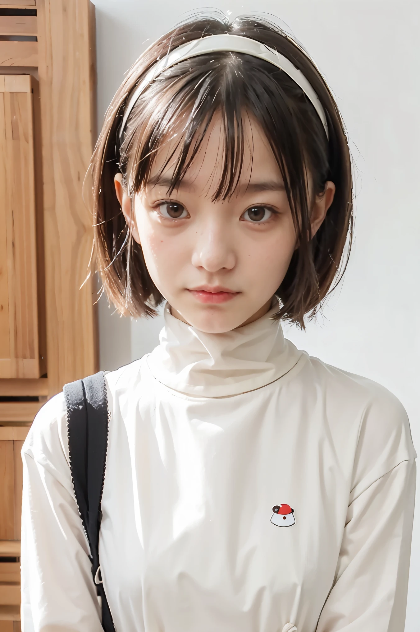 best quality, masterpiece, kyrielight mash, solo, 1girl, black eyes, white turtleneck shirt, (chibi: 0.6), light red hair, sticker, emoji, cute, white background, ((making food))