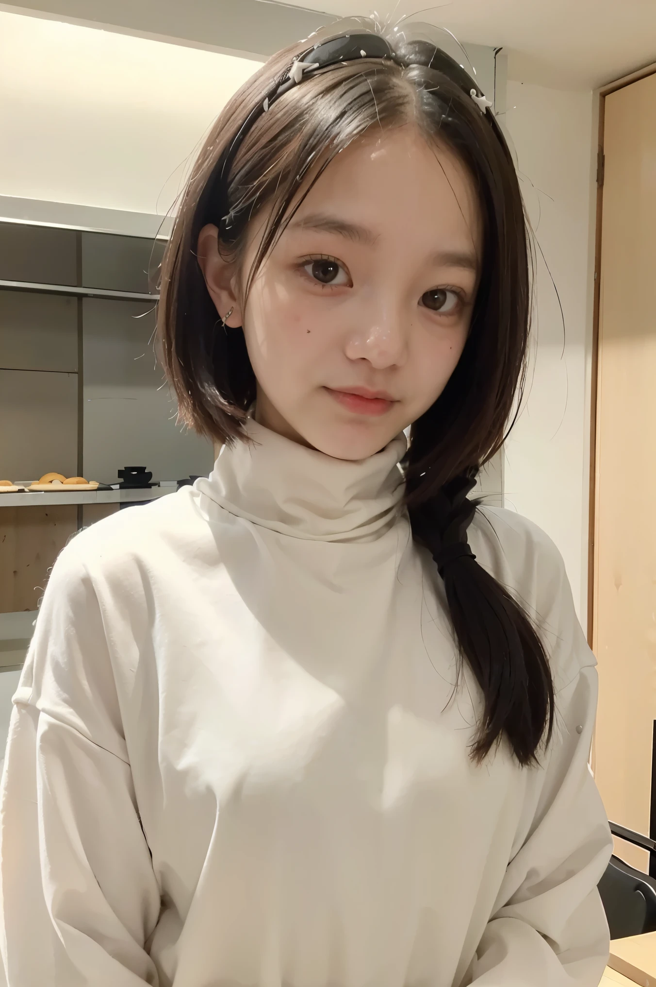 best quality, masterpiece, kyrielight mash, solo, 1girl, black eyes, white turtleneck shirt, (chibi: 0.6), light red hair, sticker, emoji, cute, white background, ((making food))