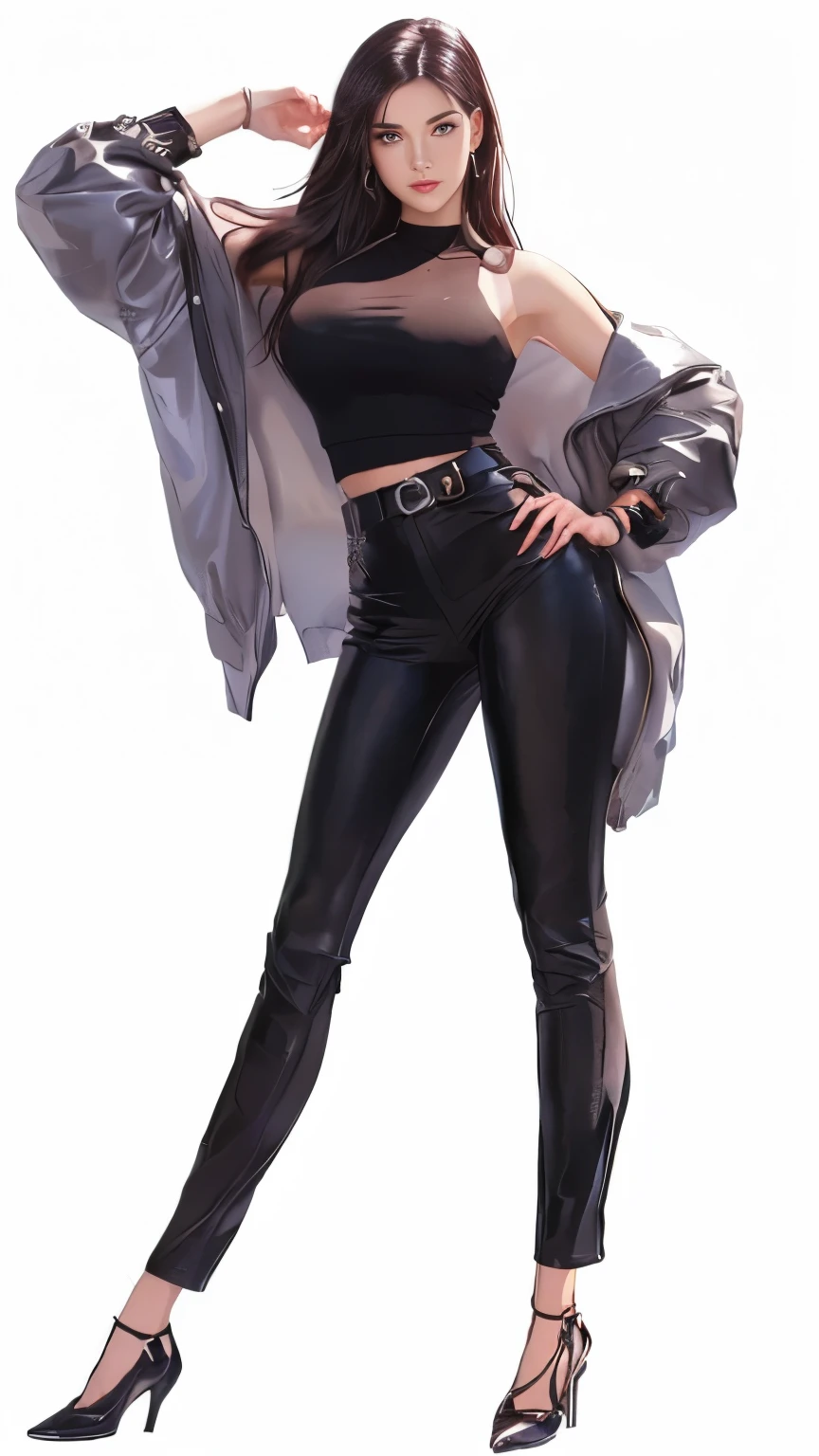 Anime style illustration of a woman wearing a black top and leather pants, Full body portrait, Full body illustration, Style Art, kate bishop, in the Style Art, style ivan talavera and artgerm, Full body portrait, Full body portrait, Official Character Art, Tifa Lockhart white hair, Charlie Bowart&#39;s Style