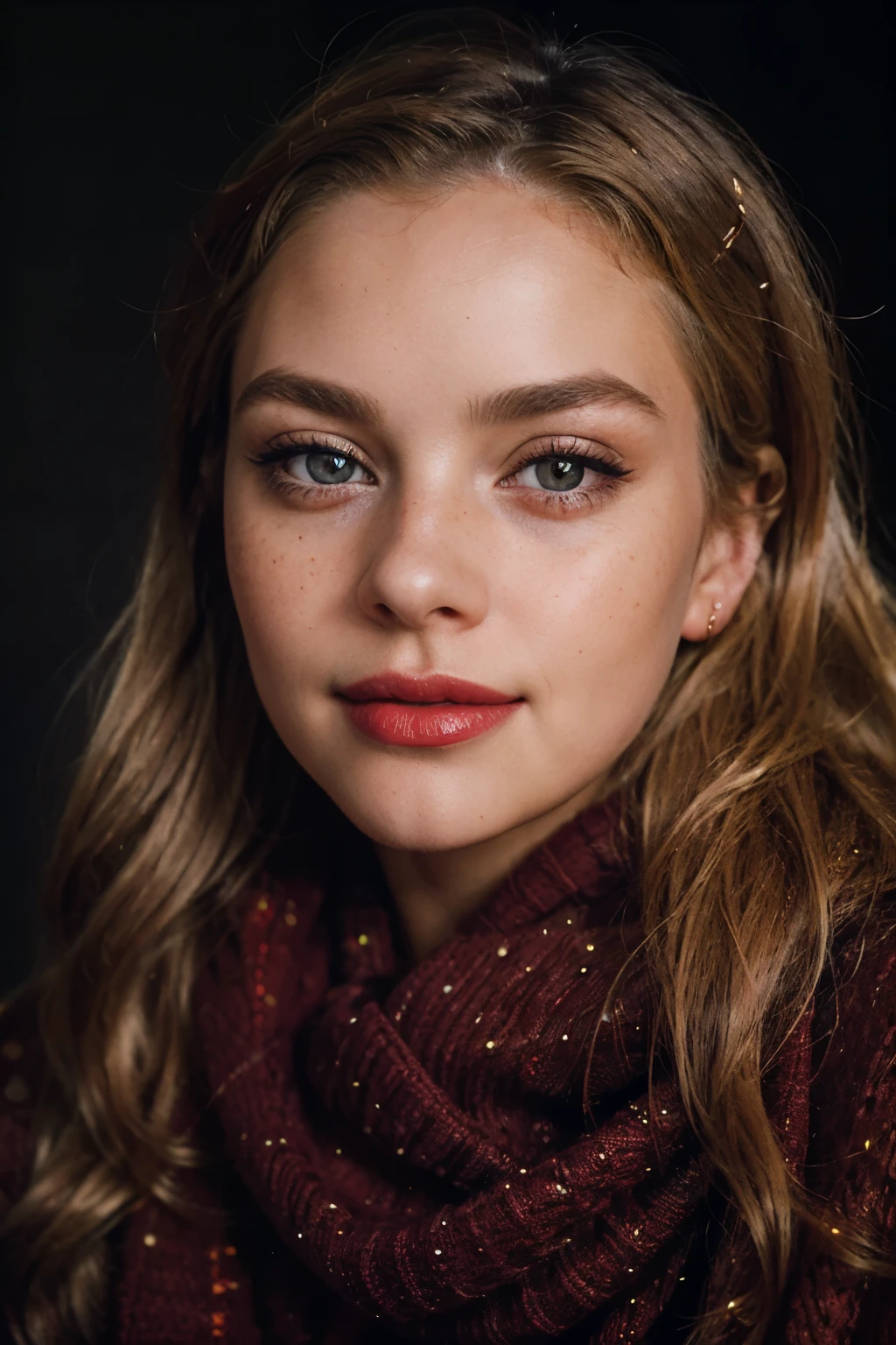 Analog RAW photo portrait of the most beautiful woman in the world with blonde hair and big bright eyes and shiny lips with dark makeup wearing a red sweater and scarf, dark theme, full glossy red lips, masterpiece, ultrarealistic, skin details, a wide smile, blushed cheeks, a sparkle of freckles