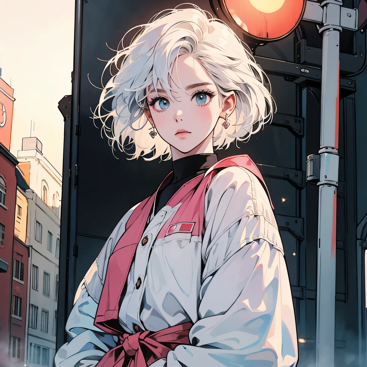 Upper Body、From below、One beautiful woman、4K、shirt、pedestrian crossing、Signal、intersection、Complex background、Fine hair、White Hair、short hair length、Faint lighting、The wind is blowing、Clear Eyes、Mysterious look