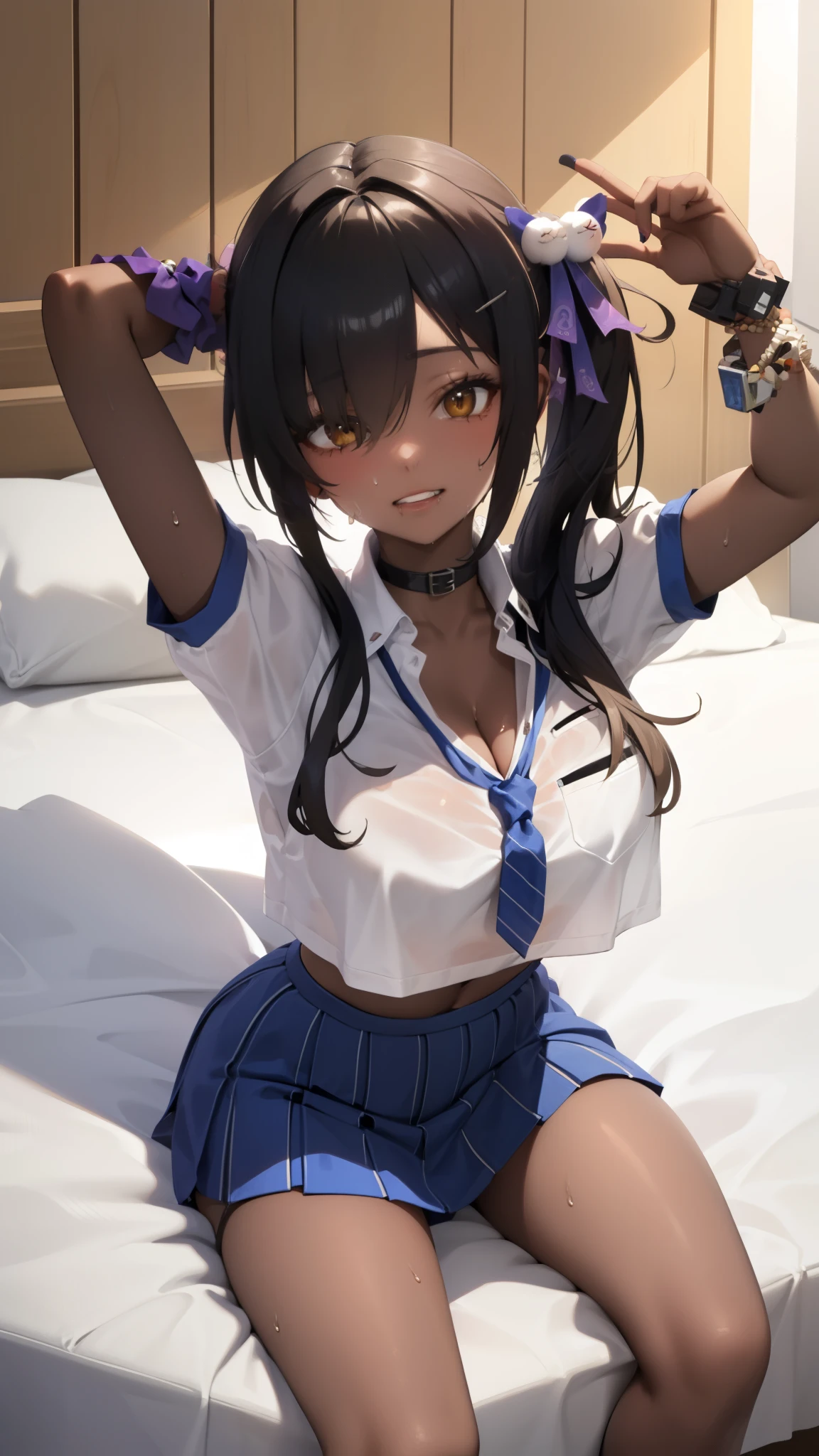 masterpiece、highest quality、highest quality、Accurate the human body、Accurate、Elaborate、masterpiece、Every detail of the face、Long-tailed, Dark Skin, Woman with dark skin, Side Ponytail, hair ornaments, Hair Clip, White shirt, Bra visible through clothes, Chest pocket, Black choker, Blue tie, Purple scrunchie, bracelet, Blue pleated mini skirt, Thigh straps, Detailed Background, whole body, Detailed Background, Leaning forward, alone,Big cleavage、(Super big boobs、Sweat vapor:1.5、Oily skin:1.3)、(Japanese love hotel bedroom:1.5、Sexy lying in bed、((Many words:1.6、Many heartfelt voices:1.6))、Cute pose、Grin、Mesugaki Smiles:1.3 、Double Peace、The beauty of the eight-headed、Mature adult woman、Emotional :1.3、On the bed、sound、sound、Absolutely safe、Small face、Beautiful Girlfriend